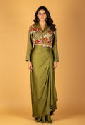 Olive Green Straight-Cut Skirt Set with Embroidered Jacket Blouse