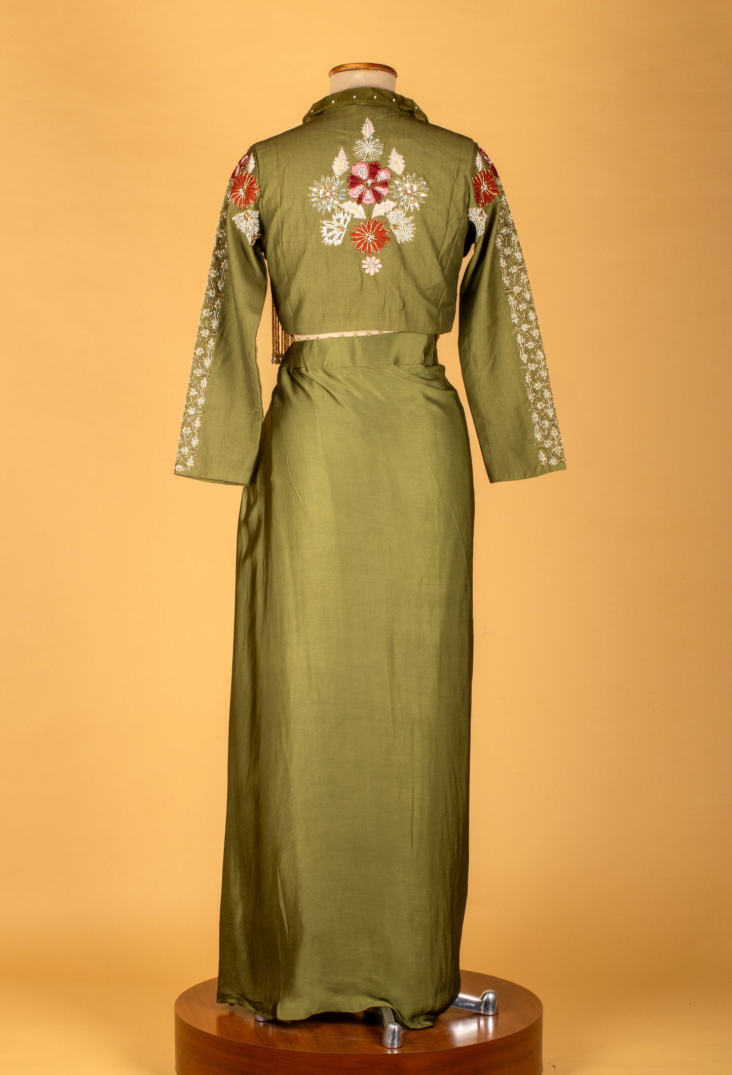 Olive Green Straight-Cut Skirt Set with Embroidered Jacket Blouse