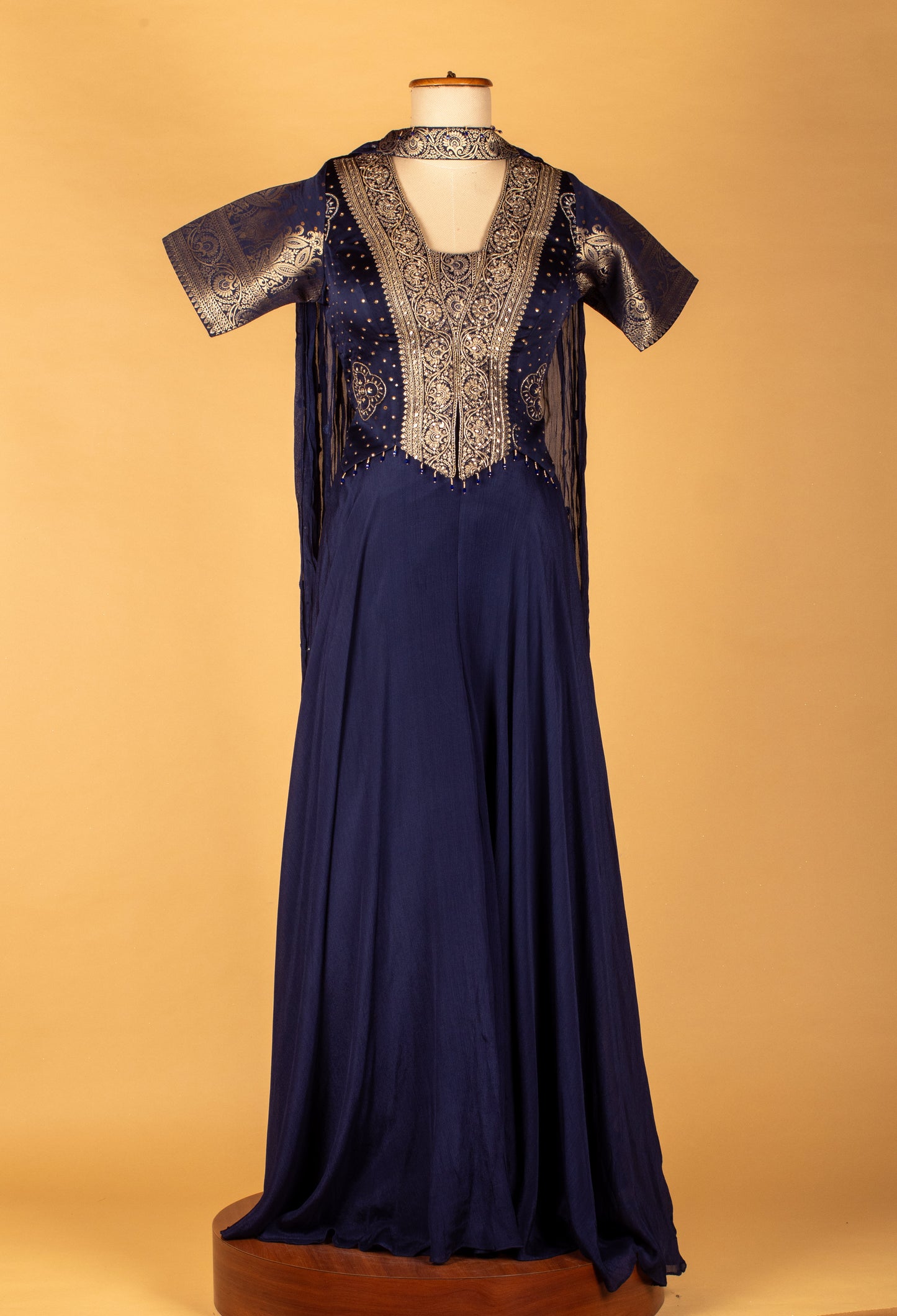 Straight Cut Navy Blue Indo Western Gown with Embroidered Jacket-Style Bodice