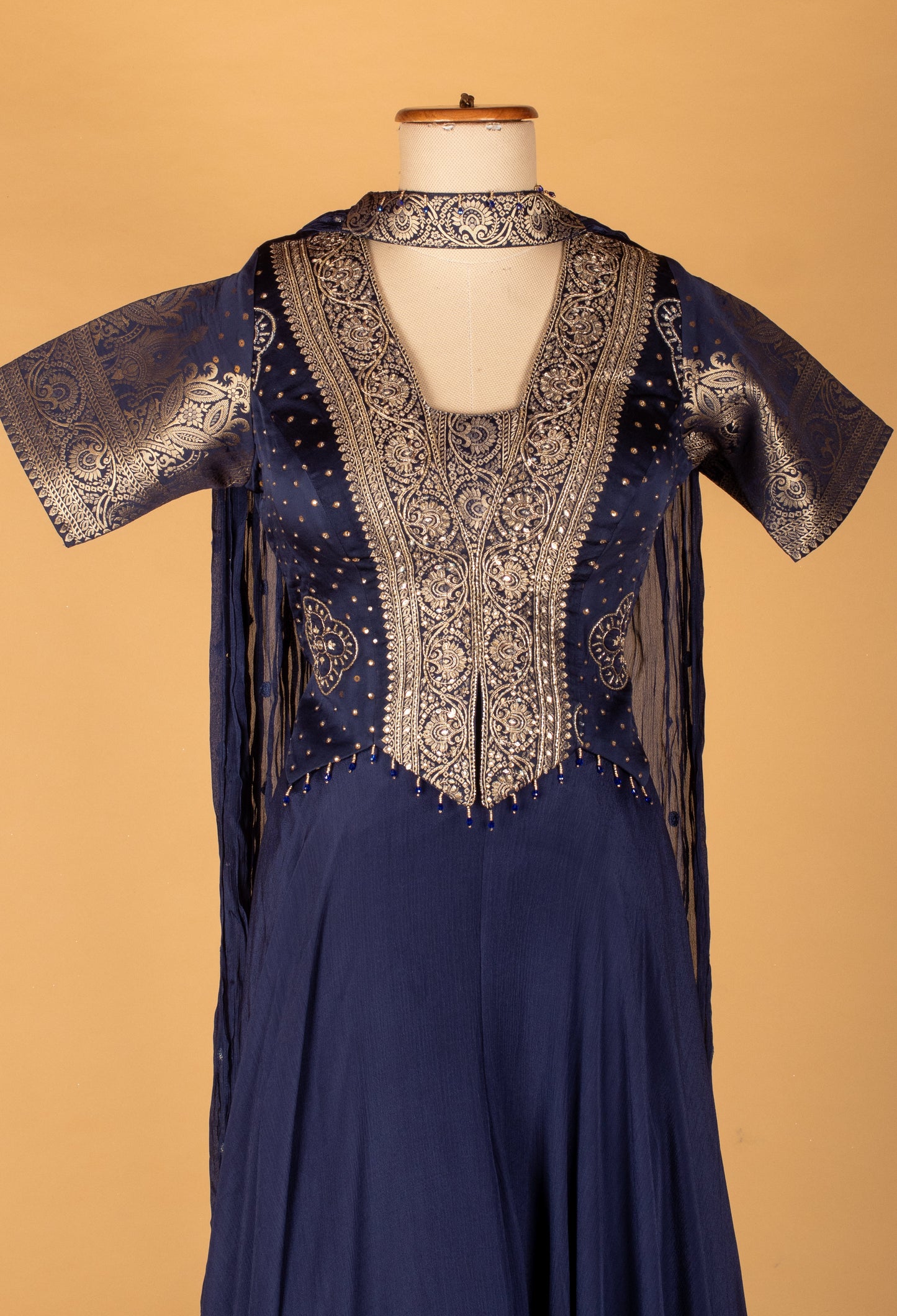 Straight Cut Navy Blue Indo Western Gown with Embroidered Jacket-Style Bodice