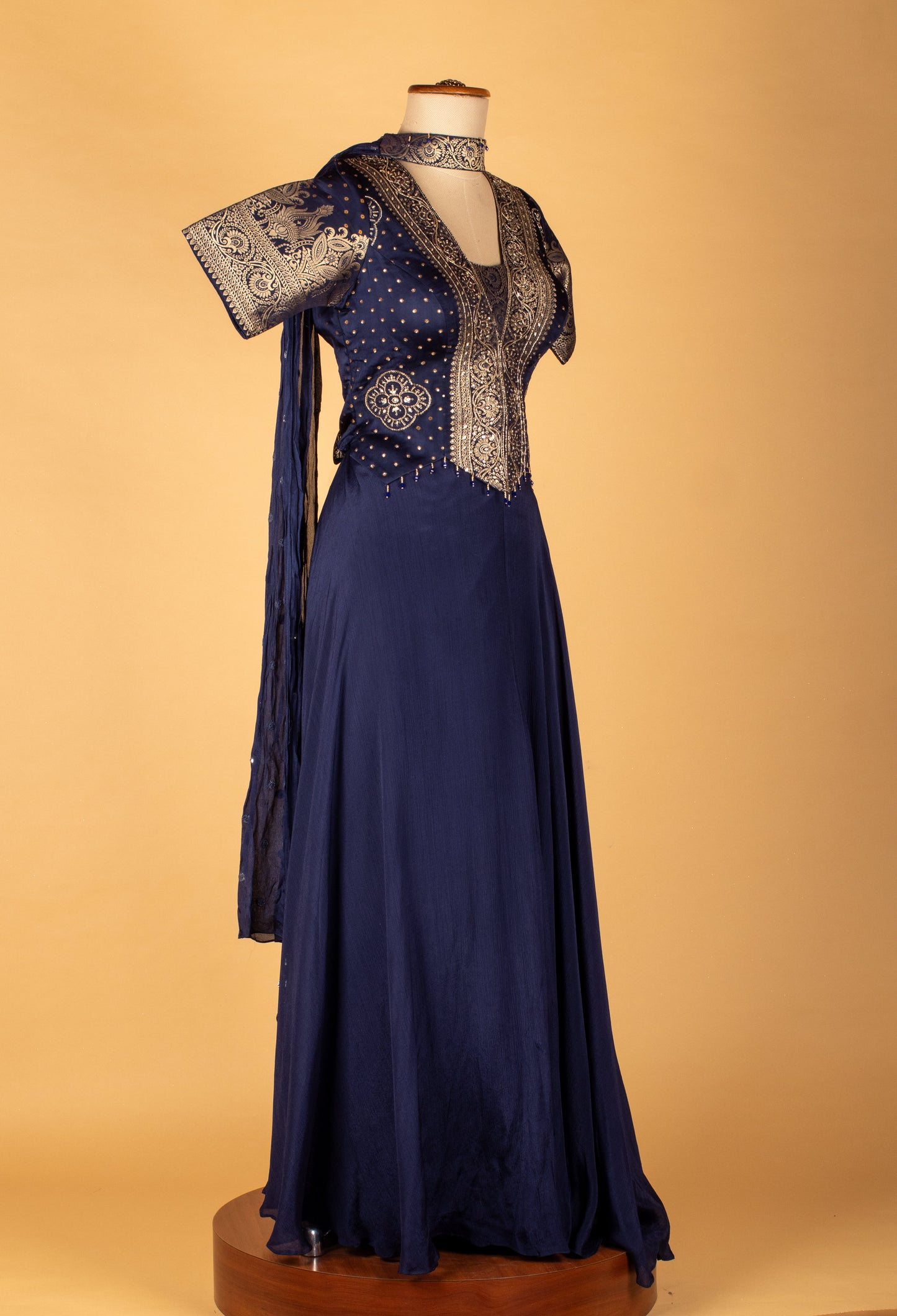 Straight Cut Navy Blue Indo Western Gown with Embroidered Jacket-Style Bodice