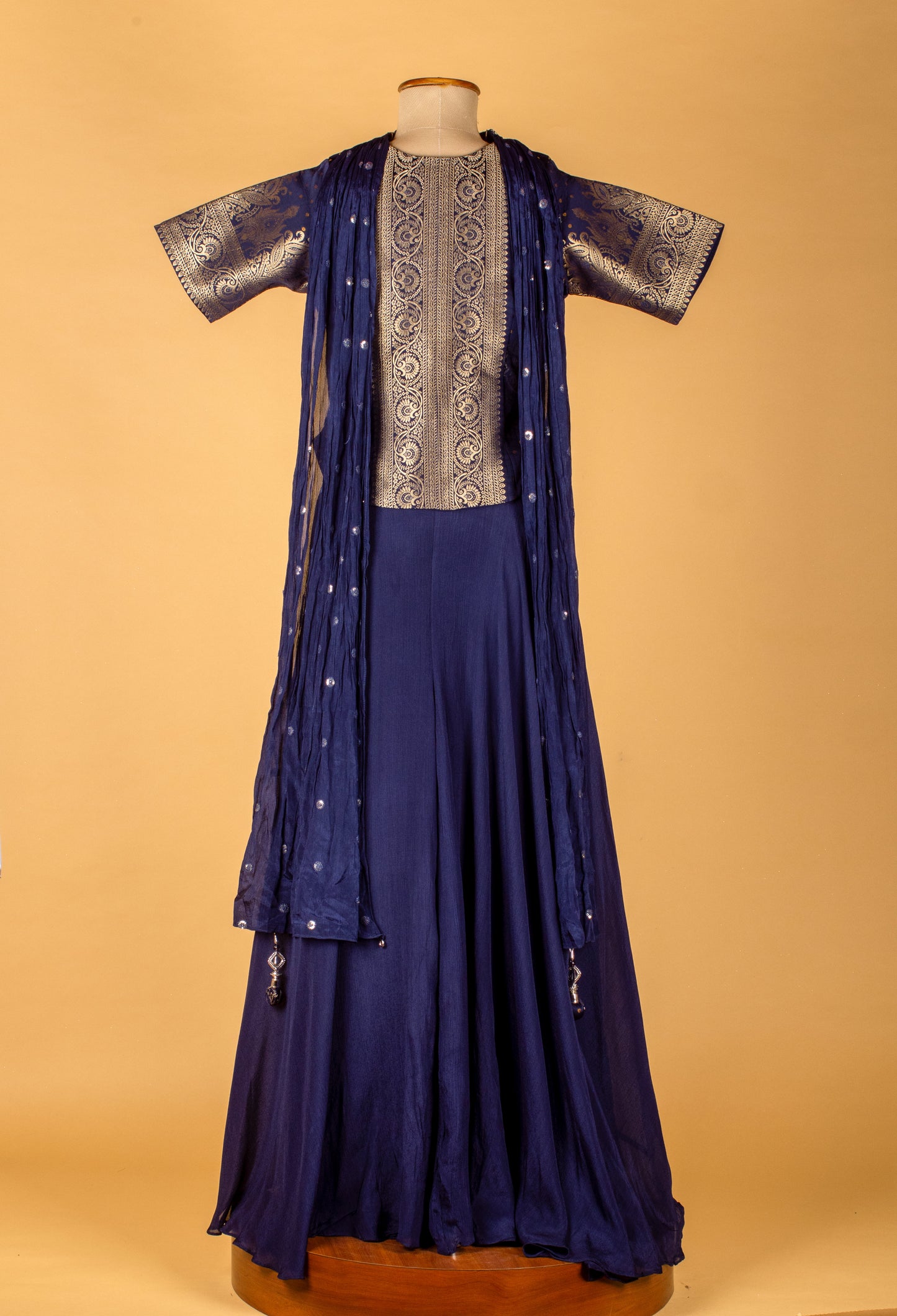 Straight Cut Navy Blue Indo Western Gown with Embroidered Jacket-Style Bodice