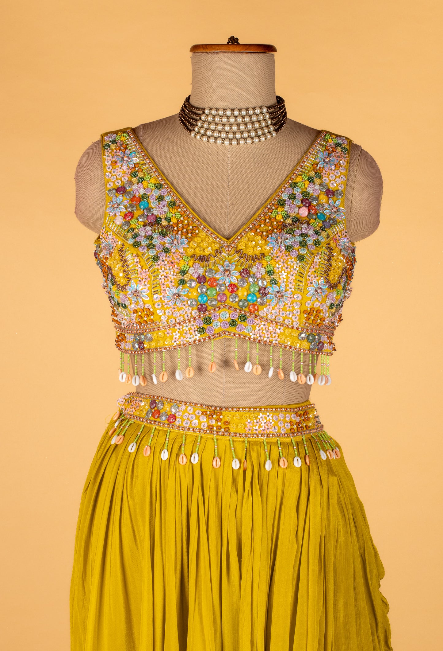 Straight Cut Yellow Mirror-Work Indo Western Set with Cape Dupatta – Festive / Mehendi / Sangeet Outfit