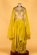 Straight Cut Yellow Mirror-Work Indo Western Set with Cape Dupatta – Festive / Mehendi / Sangeet Outfit