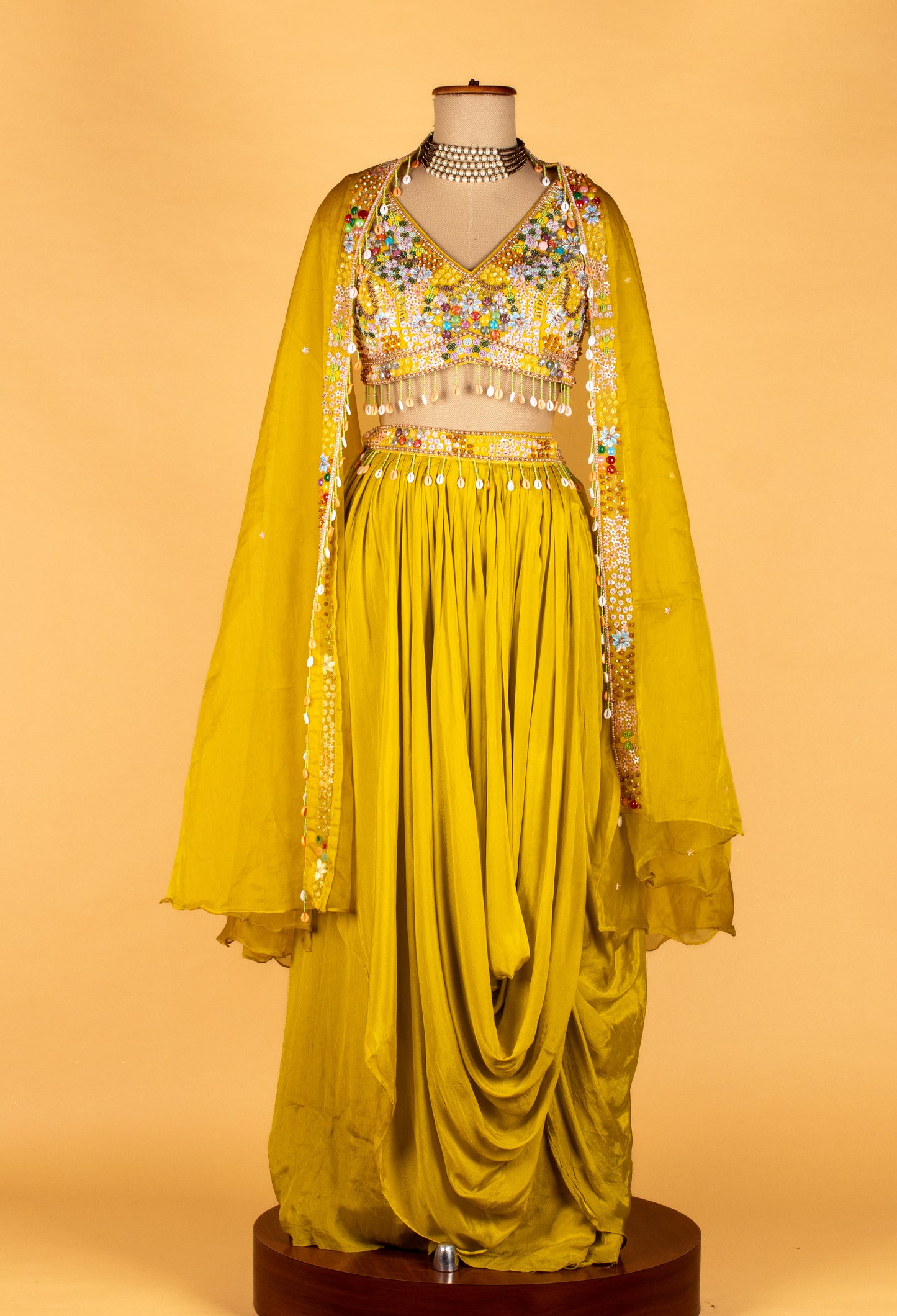 Straight Cut Yellow Mirror-Work Indo Western Set with Cape Dupatta – Festive / Mehendi / Sangeet Outfit