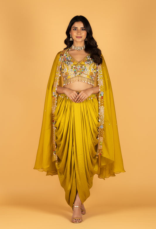 Straight Cut Yellow Mirror-Work Indo Western Set with Cape Dupatta – Festive / Mehendi / Sangeet Outfit