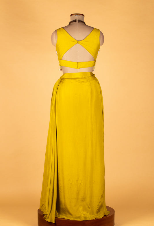 Yellow mirror-work Indo-Western set with cape dupatta – product image 2