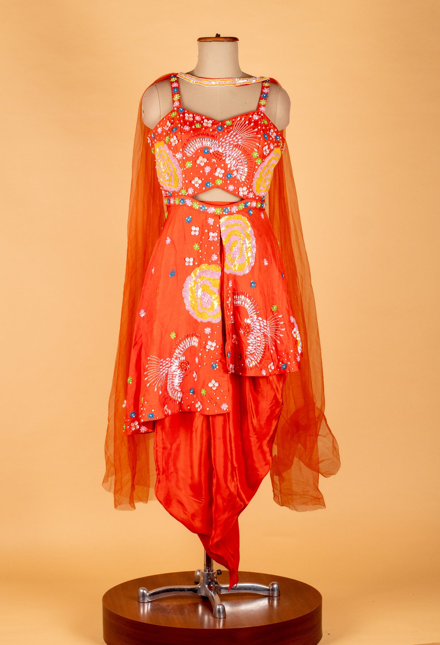 Straight Cut Orange Indo Western Dress with Multicolor Embellishment and Net Cape – Festive / Haldi / Mehendi Outfit