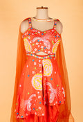Straight Cut Orange Indo Western Dress with Multicolor Embellishment and Net Cape – Festive / Haldi / Mehendi Outfit