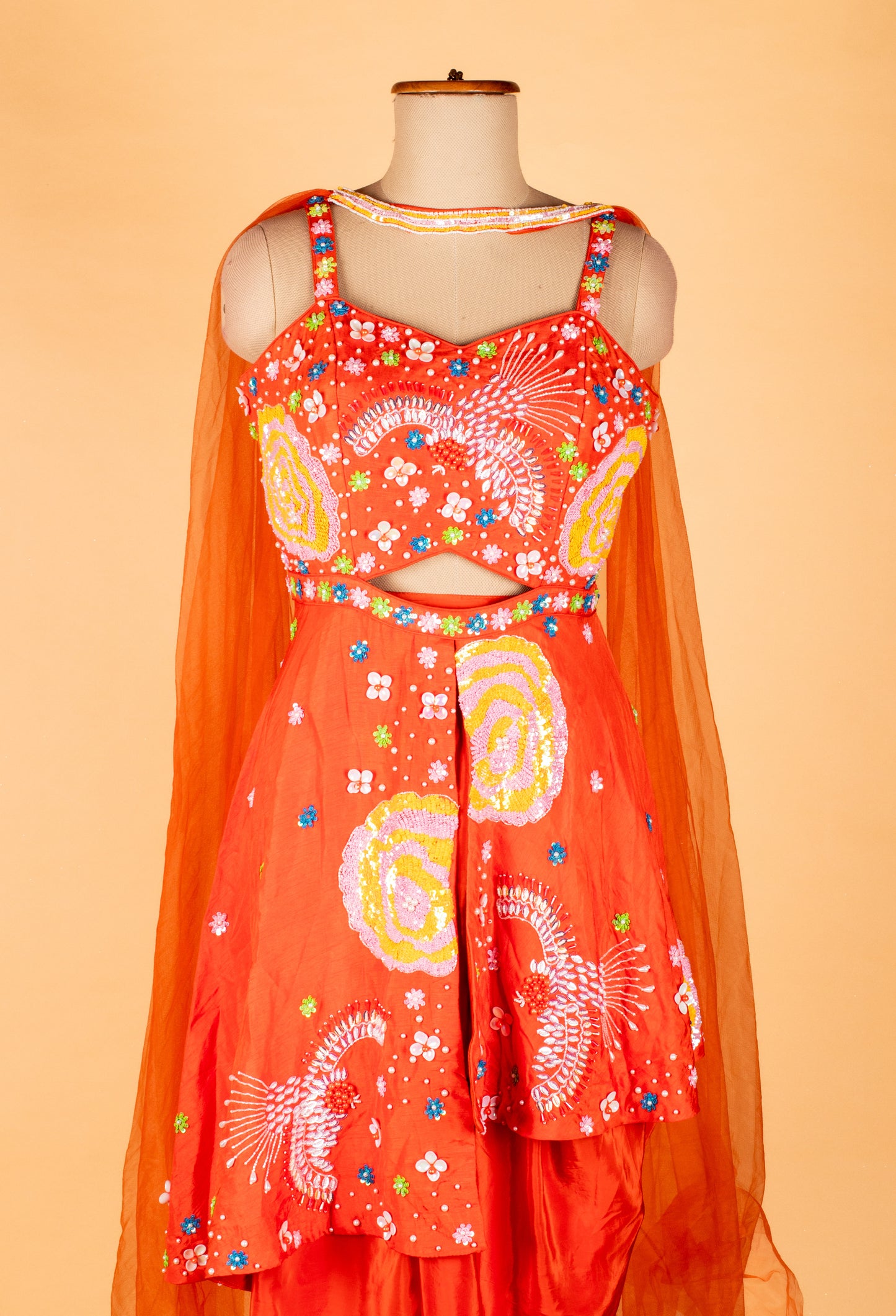 Straight Cut Orange Indo Western Dress with Multicolor Embellishment and Net Cape – Festive / Haldi / Mehendi Outfit