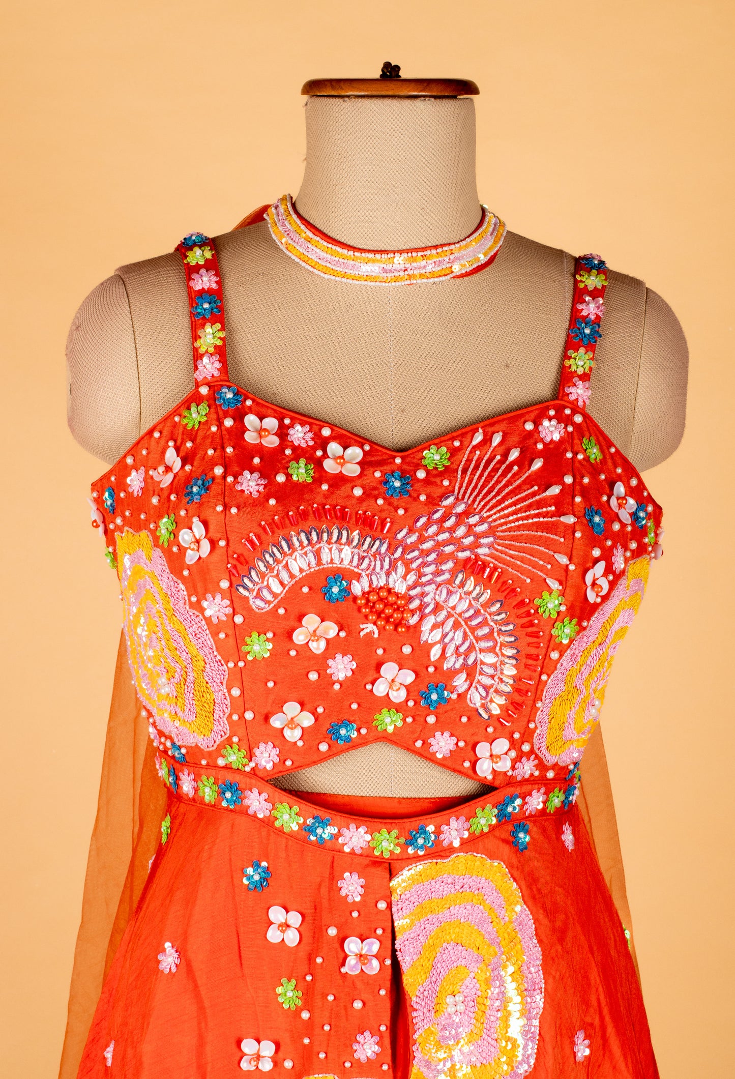 Straight Cut Orange Indo Western Dress with Multicolor Embellishment and Net Cape – Festive / Haldi / Mehendi Outfit