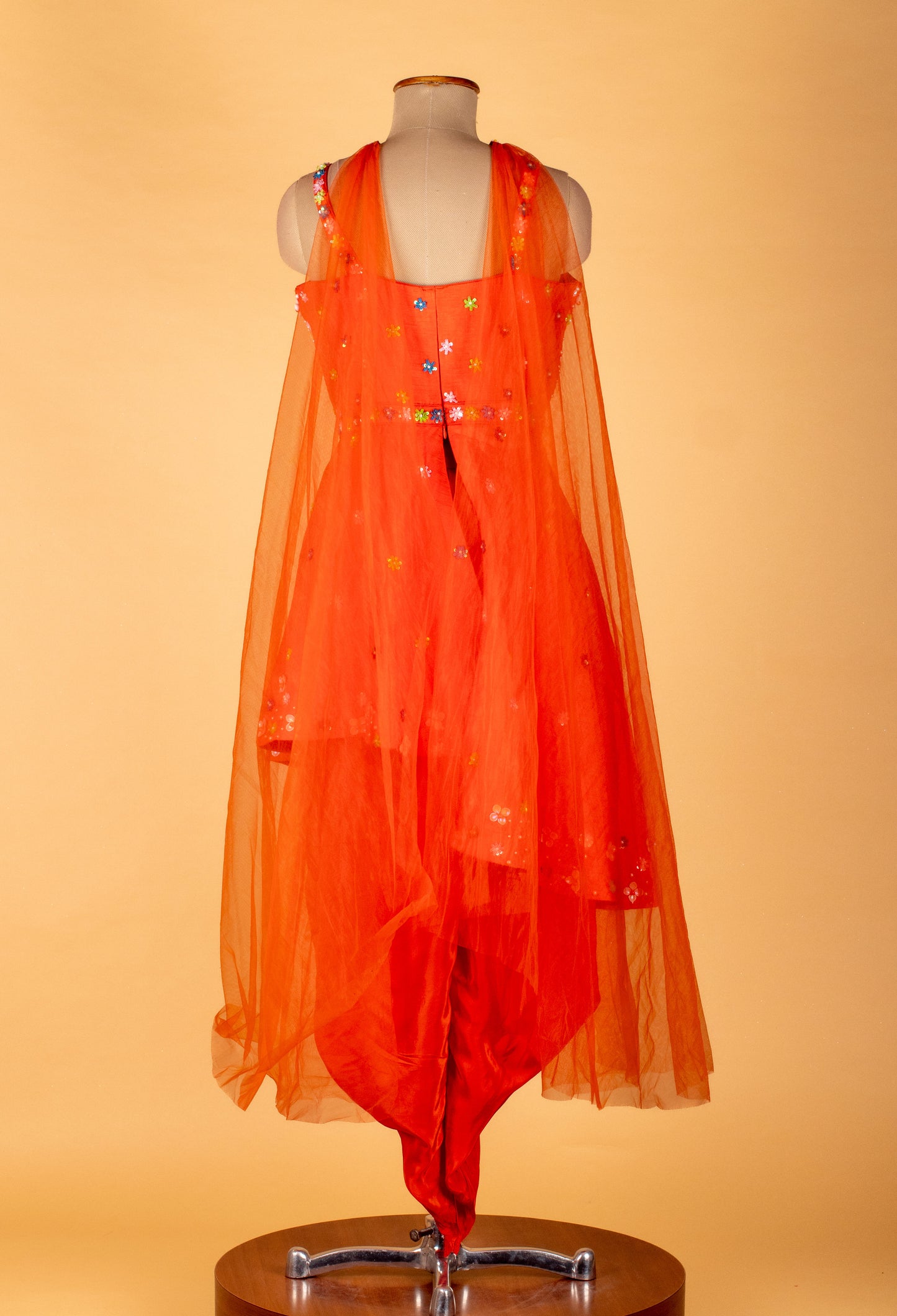Straight Cut Orange Indo Western Dress with Multicolor Embellishment and Net Cape – Festive / Haldi / Mehendi Outfit