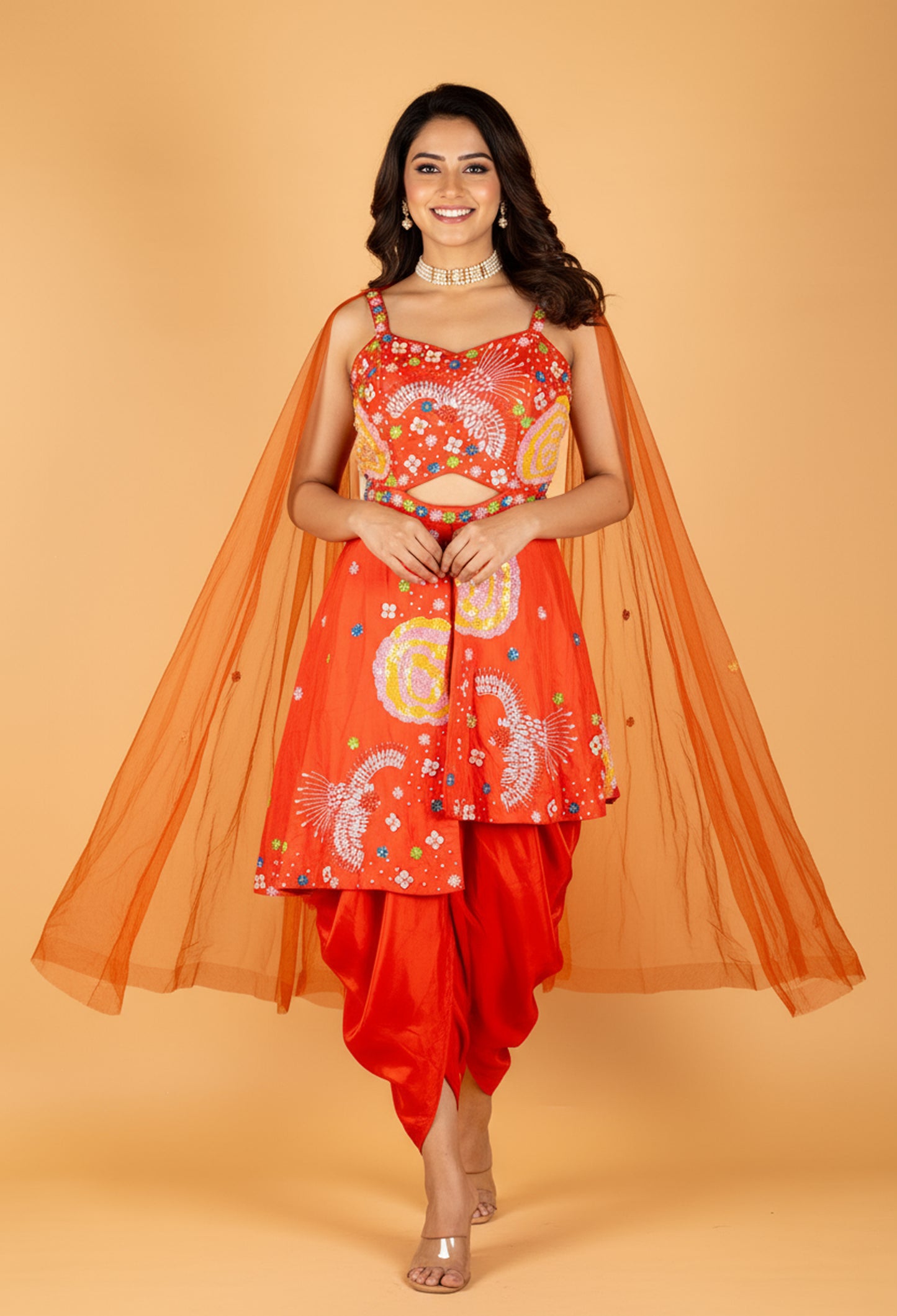 Straight Cut Orange Indo Western Dress with Multicolor Embellishment and Net Cape – Festive / Haldi / Mehendi Outfit