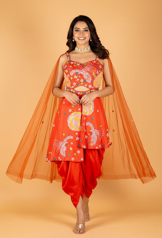 Straight Cut Orange Indo Western Dress with Multicolor Embellishment and Net Cape – Festive / Haldi / Mehendi Outfit