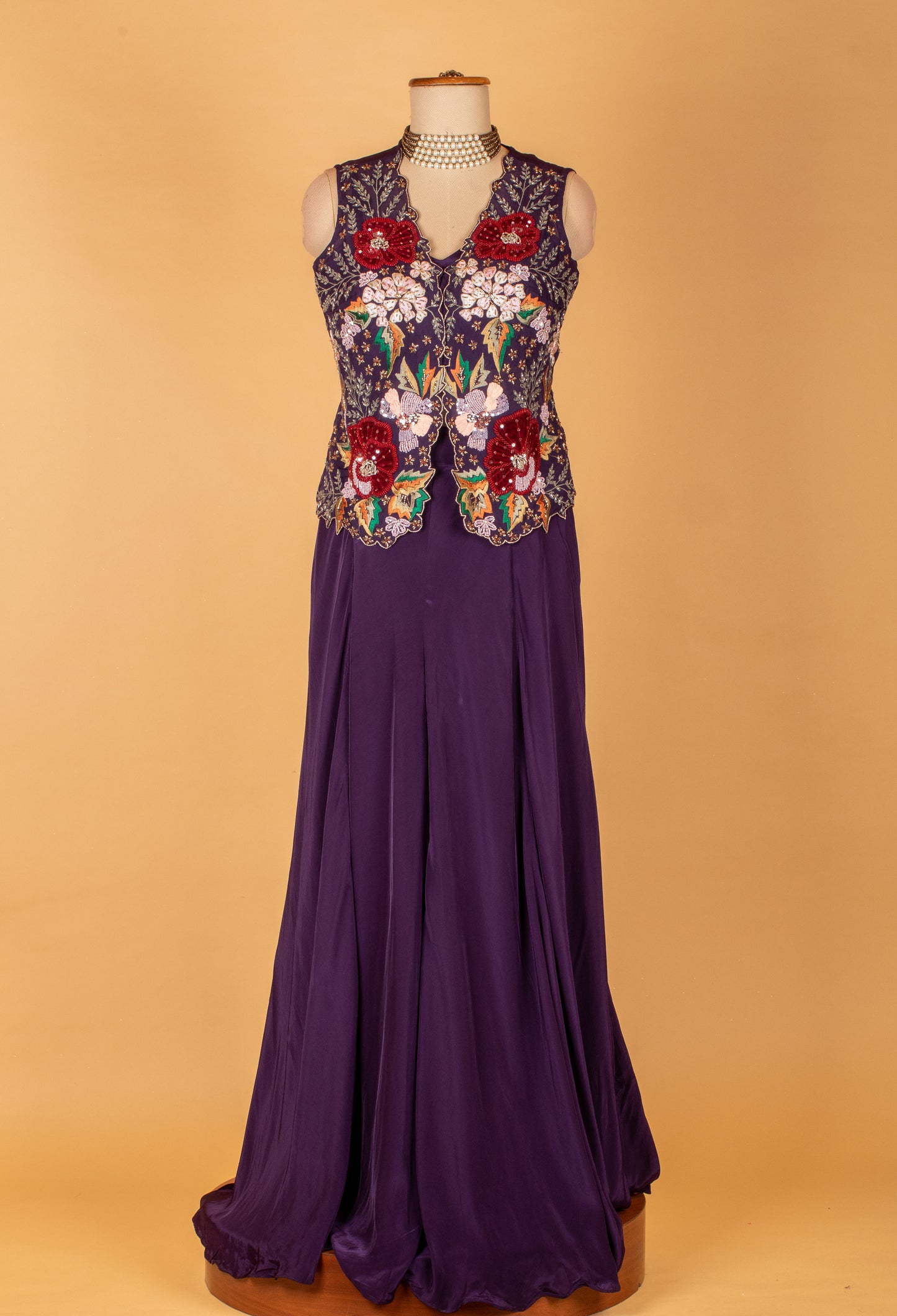 Straight Cut Purple Embroidered Gown with Sheer Jacket – Floral Sequin Work | Party Wear / Reception Outfit