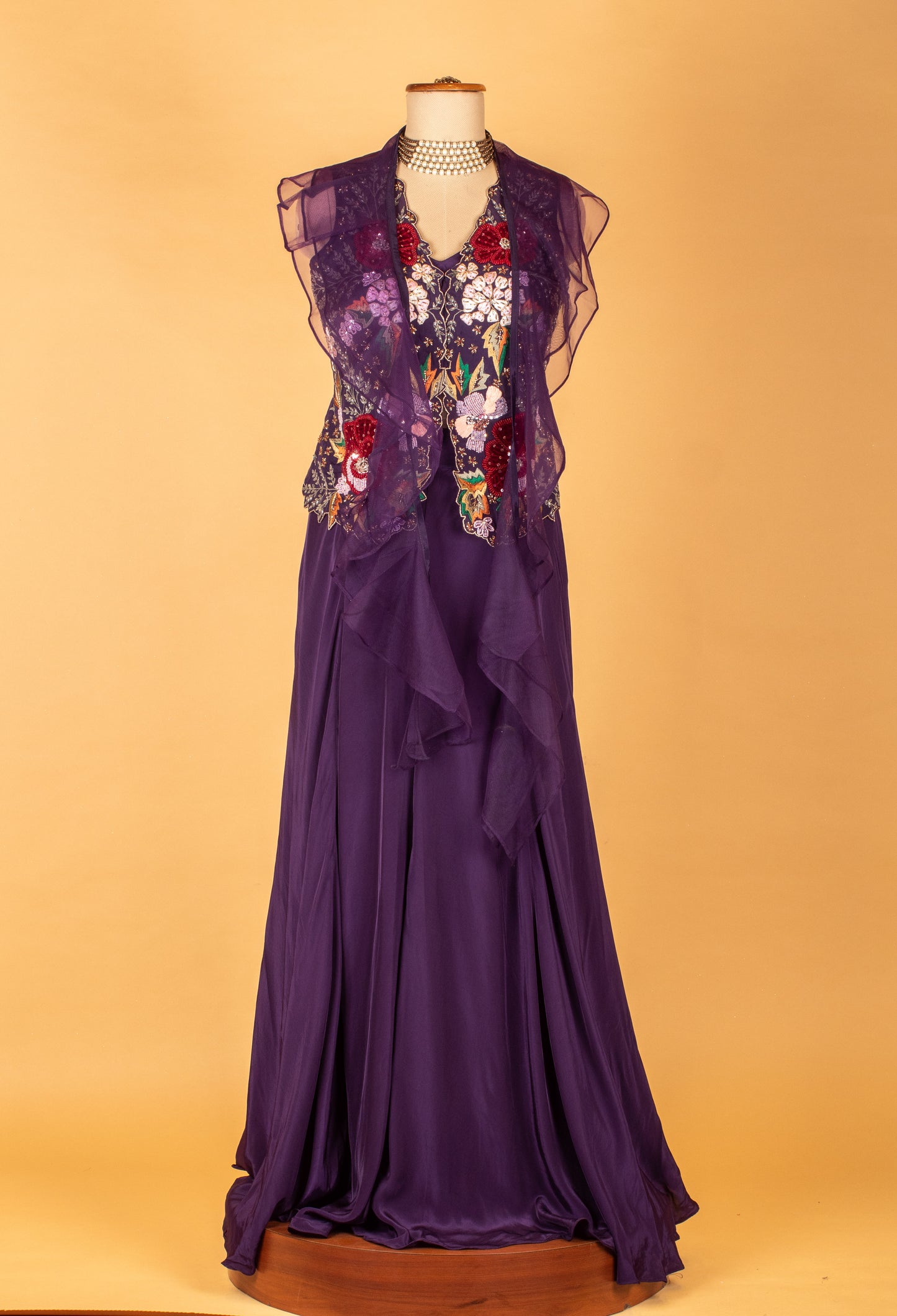 Straight Cut Purple Embroidered Gown with Sheer Jacket – Floral Sequin Work | Party Wear / Reception Outfit
