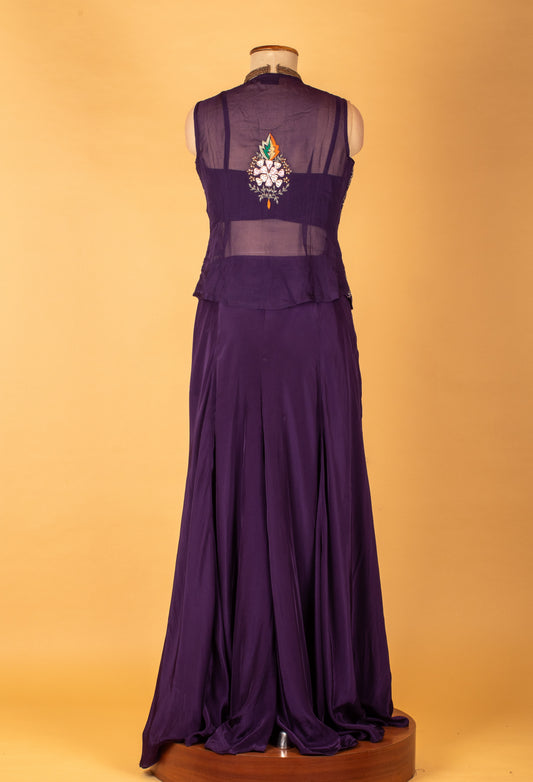 Purple embroidered Indo-Western gown with sheer organza jacket – product image 2