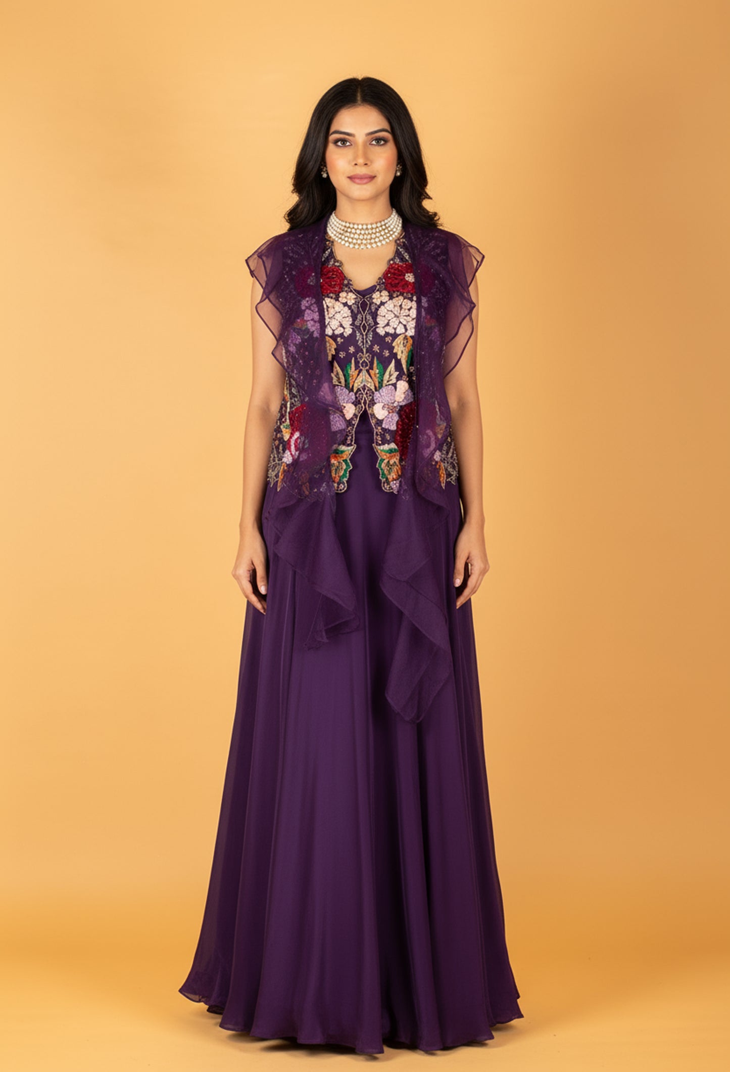 Straight Cut Purple Embroidered Gown with Sheer Jacket – Floral Sequin Work | Party Wear / Reception Outfit
