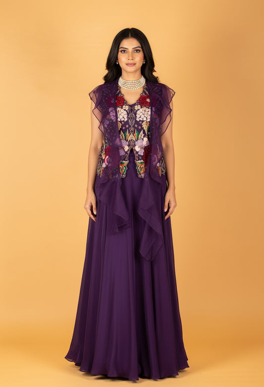 Straight Cut Purple Embroidered Gown with Sheer Jacket – Floral Sequin Work | Party Wear / Reception Outfit