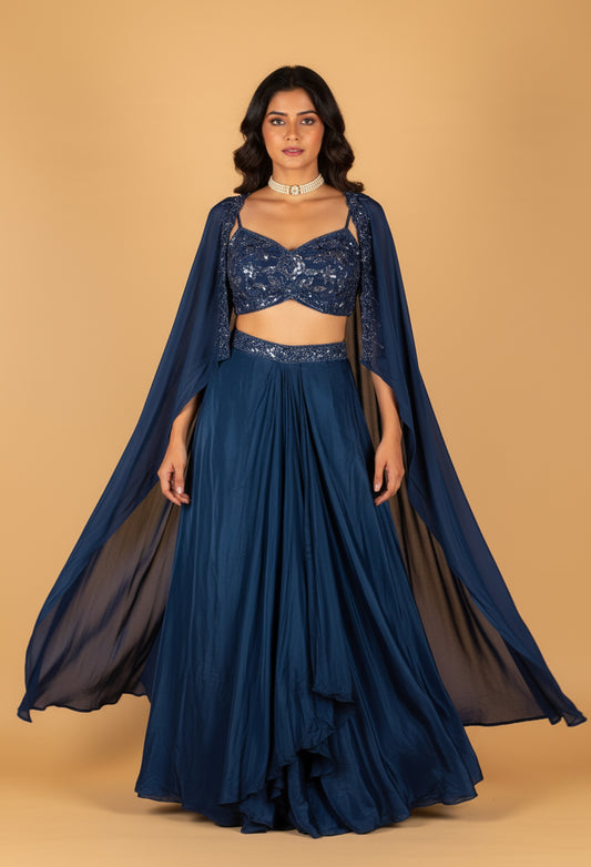 Straight Cut Navy Blue Indo Western Set with Embellished Cape and Blouse