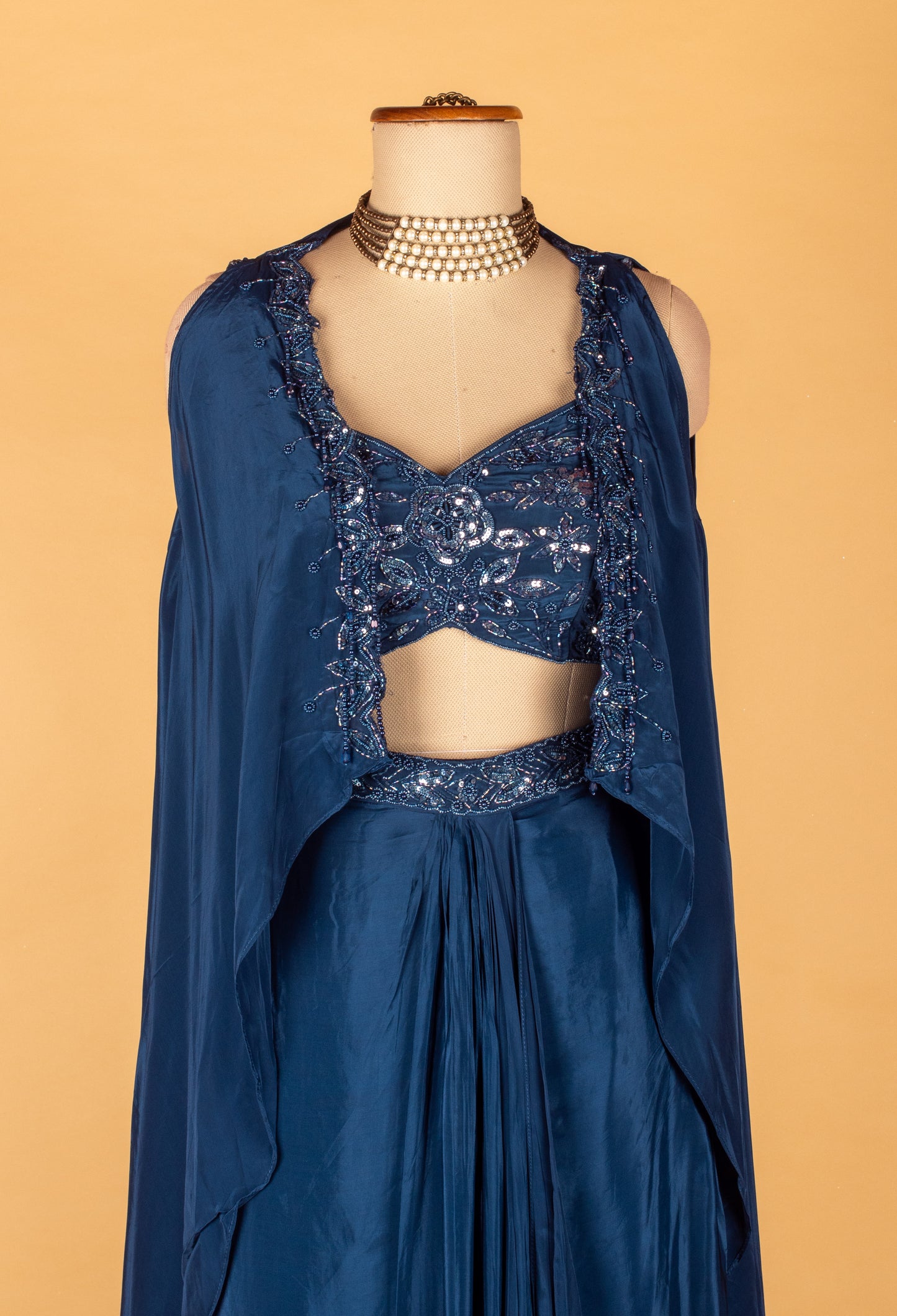 Straight Cut Navy Blue Indo Western Set with Embellished Cape and Blouse