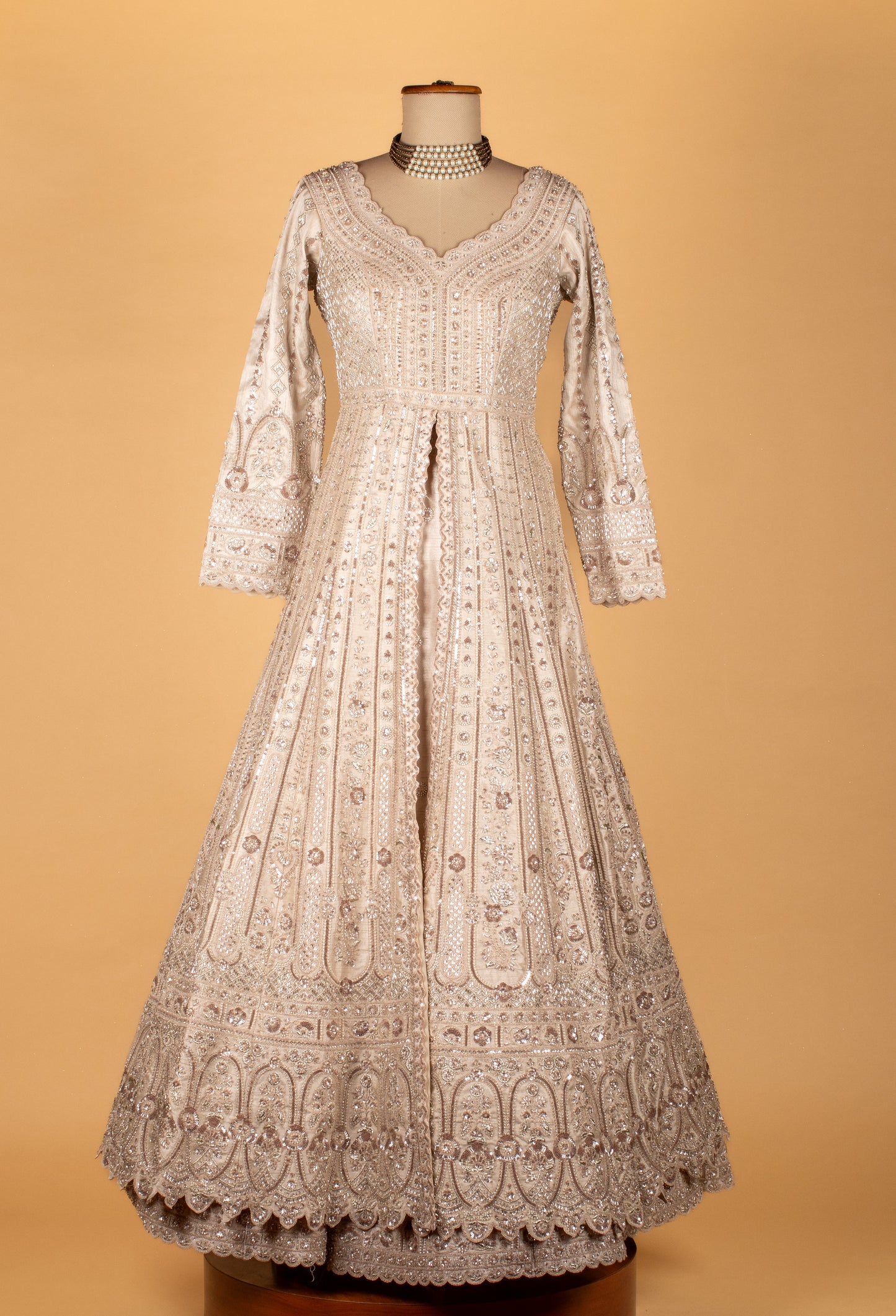 Premium Embellished Bridal/Occasion Long Anarkali Gown – Soft Nude Beige | Hand-Embroidered with Sequins, Pearls & Zari Work