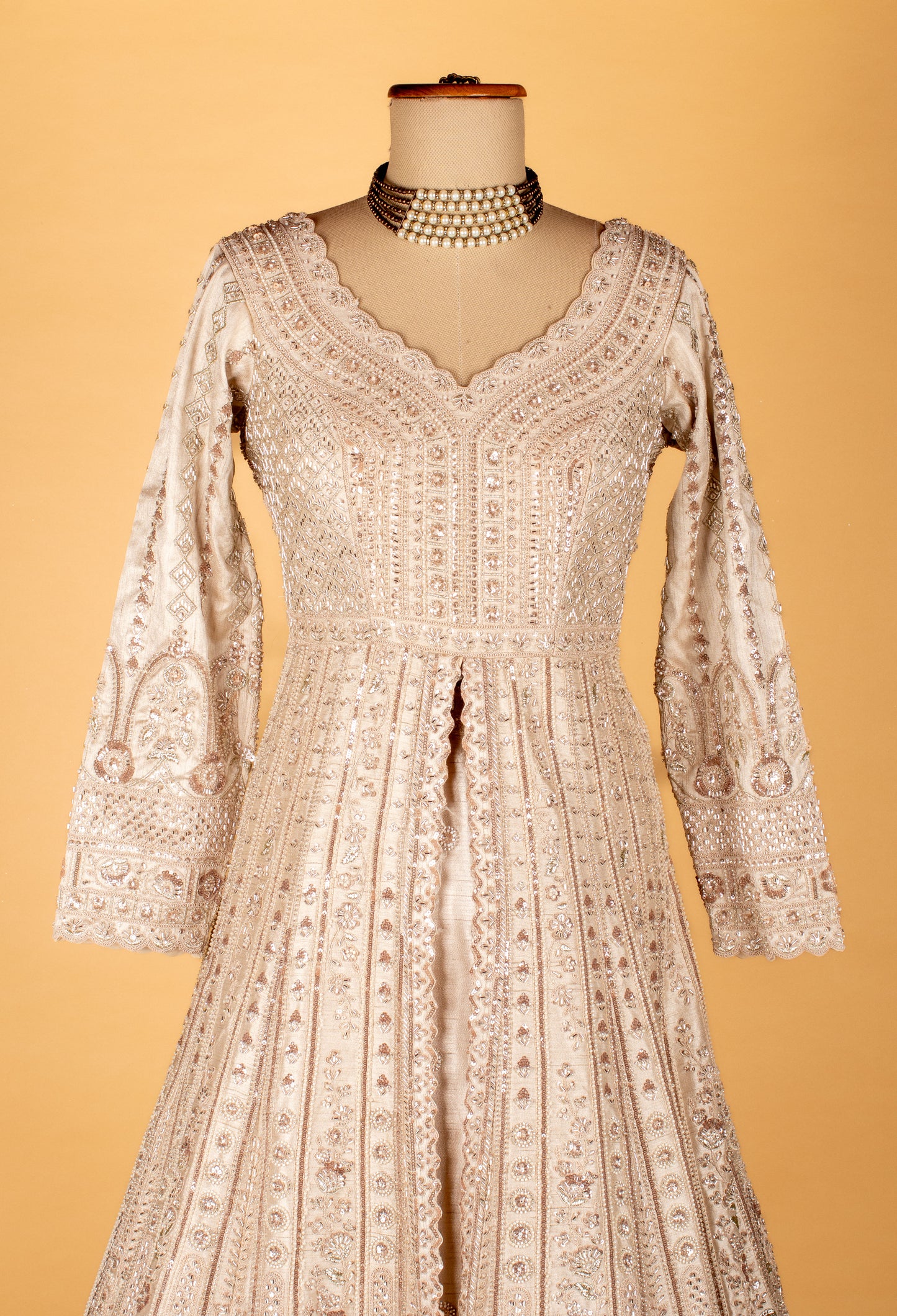 Premium Embellished Bridal/Occasion Long Anarkali Gown – Soft Nude Beige | Hand-Embroidered with Sequins, Pearls & Zari Work