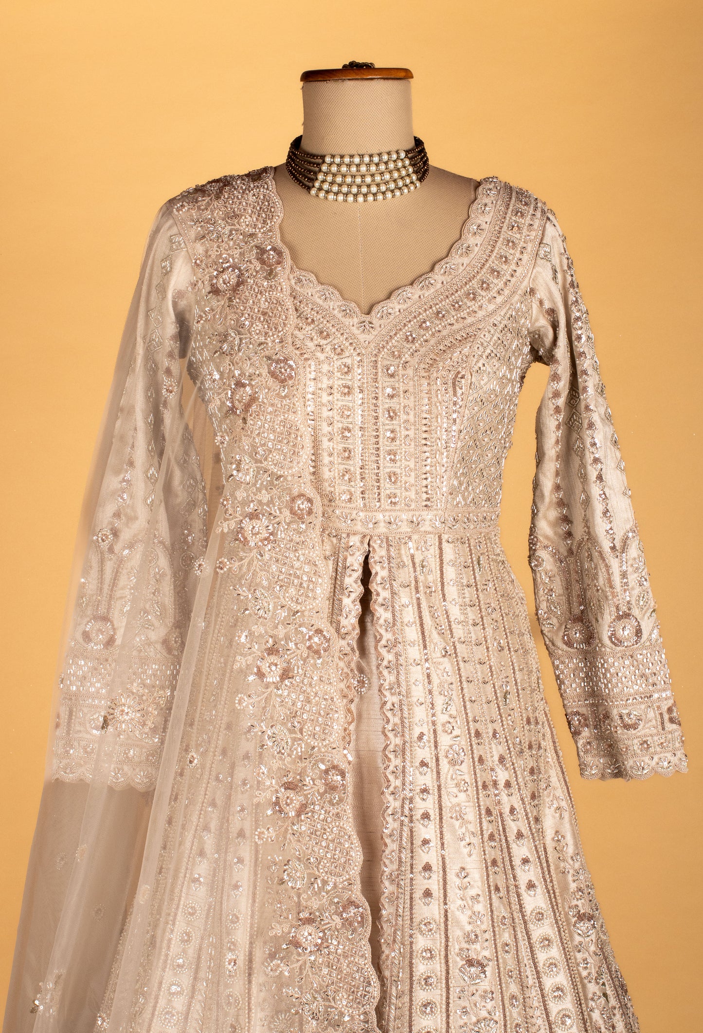 Premium Embellished Bridal/Occasion Long Anarkali Gown – Soft Nude Beige | Hand-Embroidered with Sequins, Pearls & Zari Work