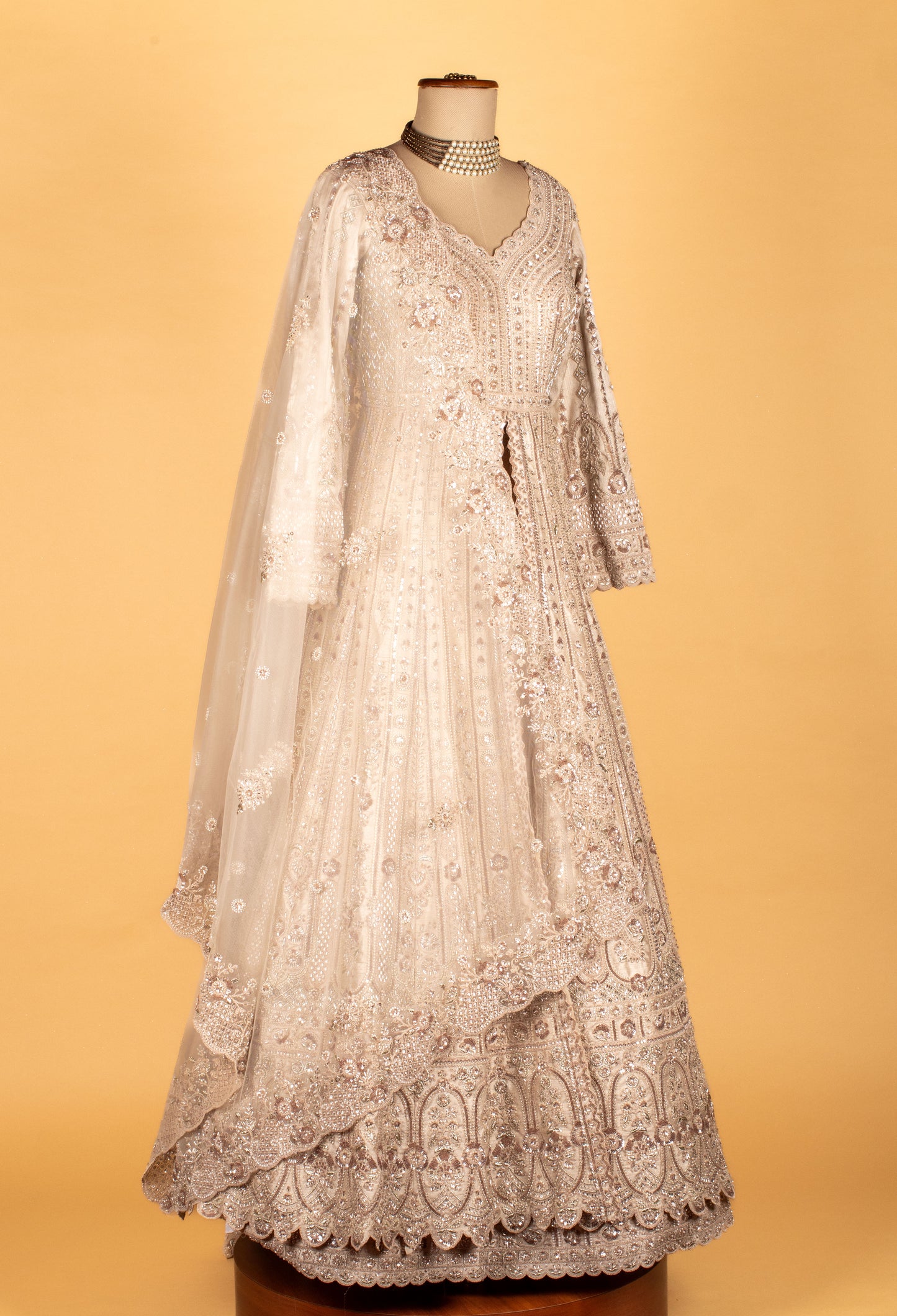 Premium Embellished Bridal/Occasion Long Anarkali Gown – Soft Nude Beige | Hand-Embroidered with Sequins, Pearls & Zari Work