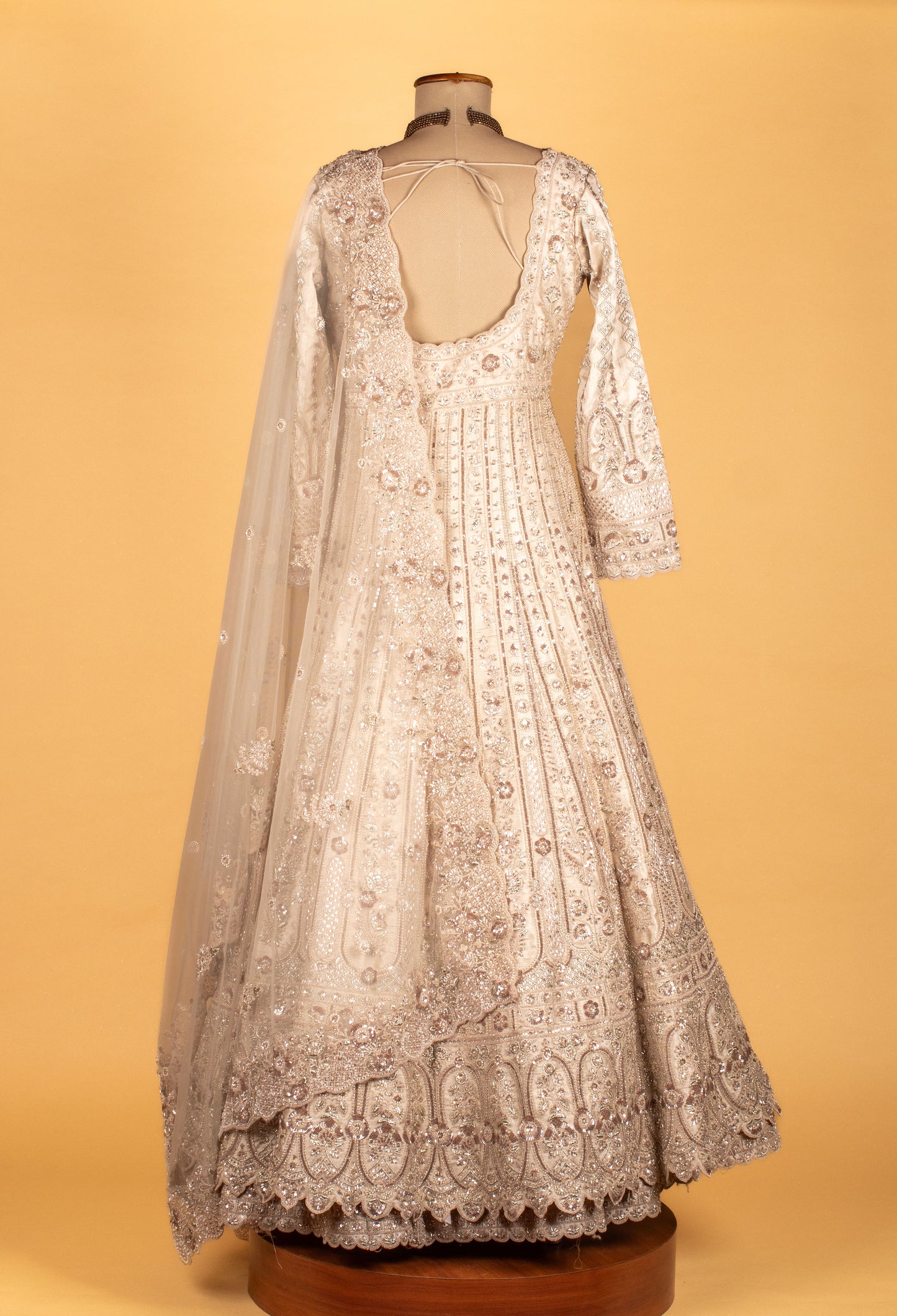 Premium Embellished Bridal/Occasion Long Anarkali Gown – Soft Nude Beige | Hand-Embroidered with Sequins, Pearls & Zari Work