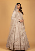 Premium Embellished Bridal/Occasion Long Anarkali Gown – Soft Nude Beige | Hand-Embroidered with Sequins, Pearls & Zari Work