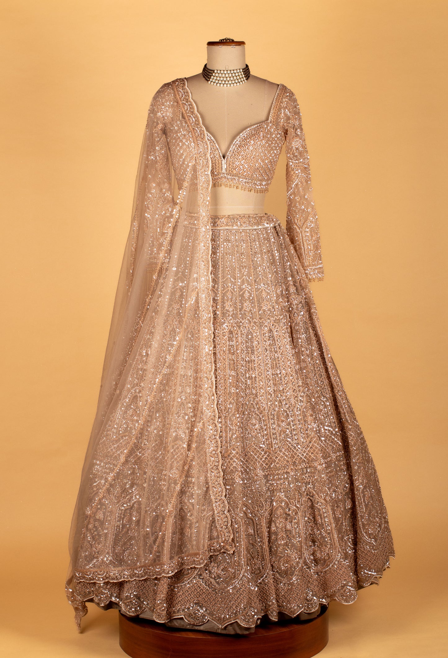 Champagne Nude Designer Lehenga Set | Heavy Sequins, Beads & Zari Embroidery | Crop Top, Flared Skirt & Dupatta