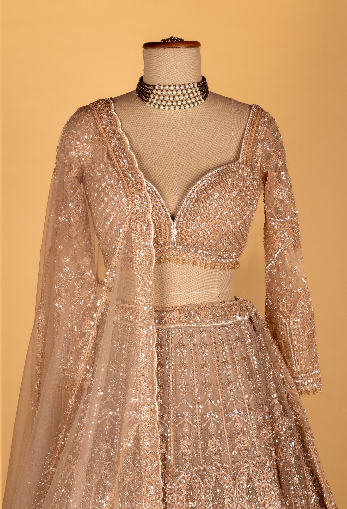 Champagne Nude Designer Lehenga Set | Heavy Sequins, Beads & Zari Embroidery | Crop Top, Flared Skirt & Dupatta