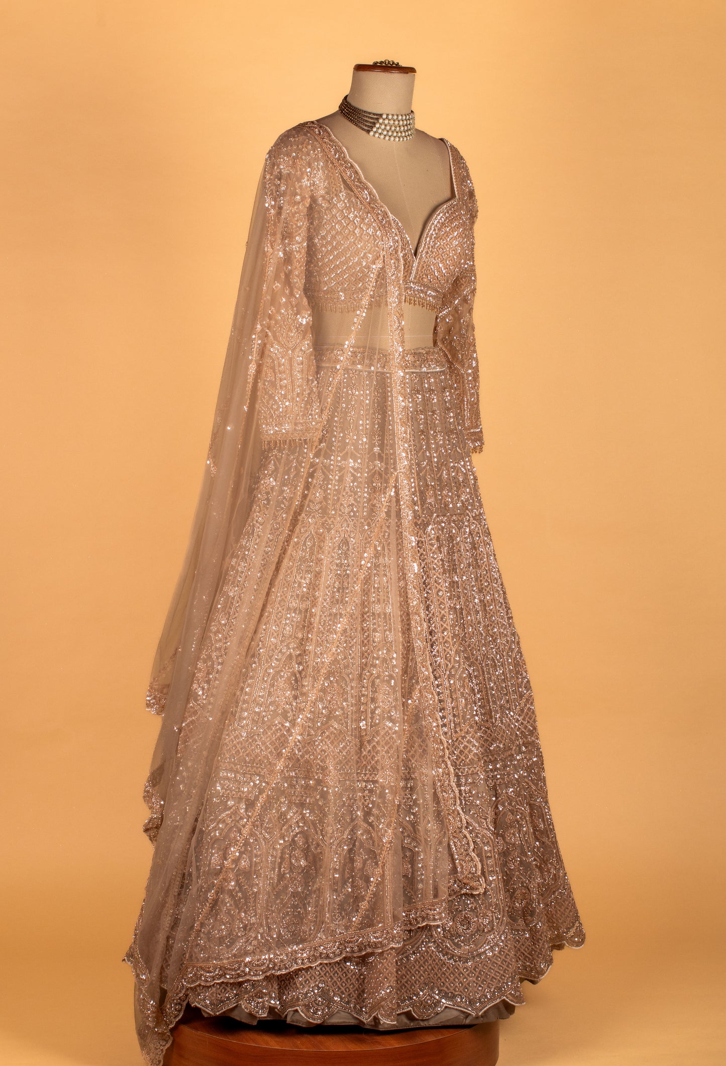 Champagne Nude Designer Lehenga Set | Heavy Sequins, Beads & Zari Embroidery | Crop Top, Flared Skirt & Dupatta