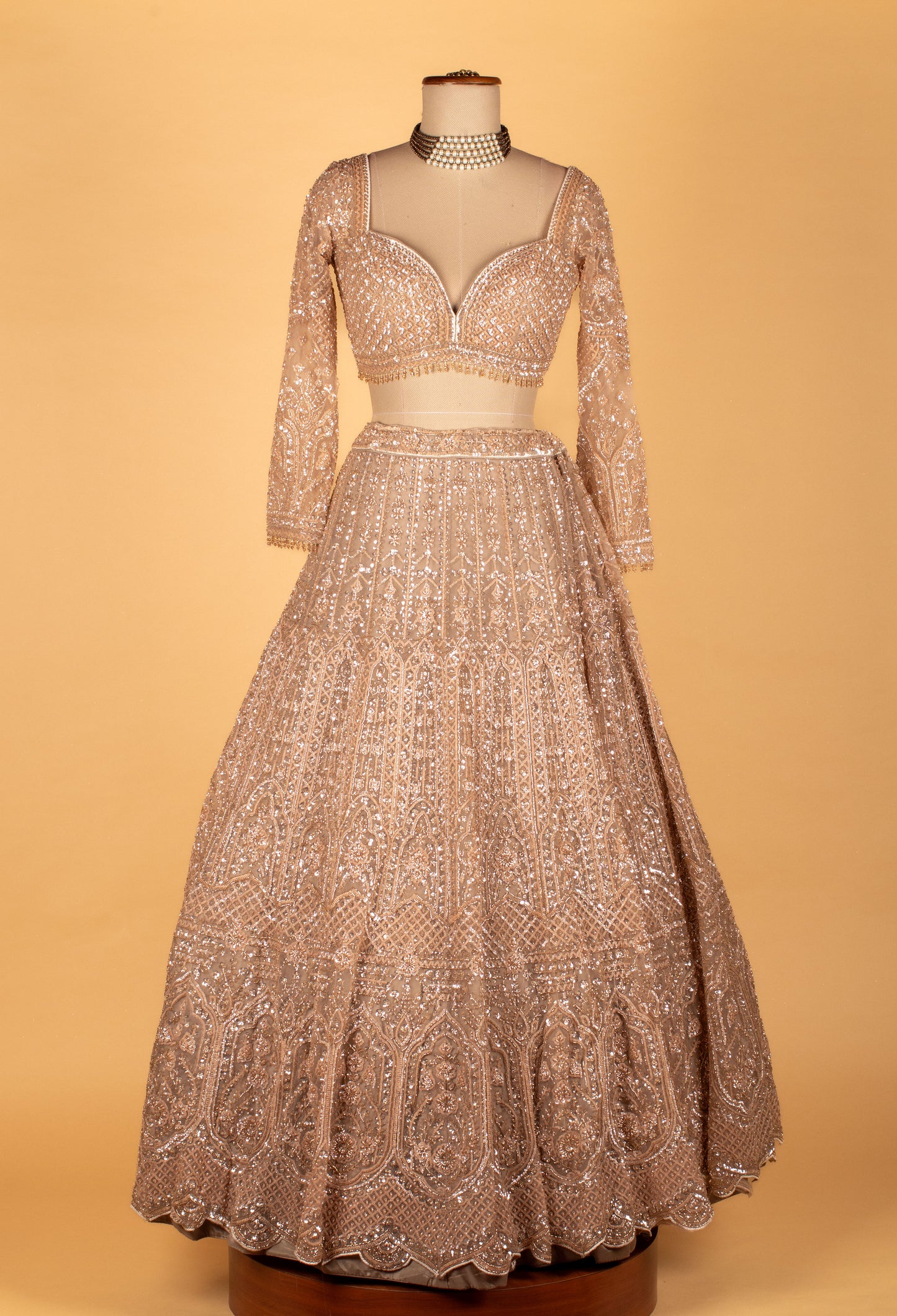Champagne Nude Designer Lehenga Set | Heavy Sequins, Beads & Zari Embroidery | Crop Top, Flared Skirt & Dupatta