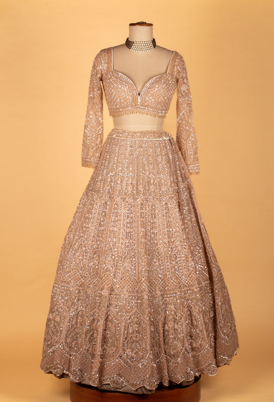 Champagne nude heavy embroidered lehenga with full-sleeve crop top – product image 2