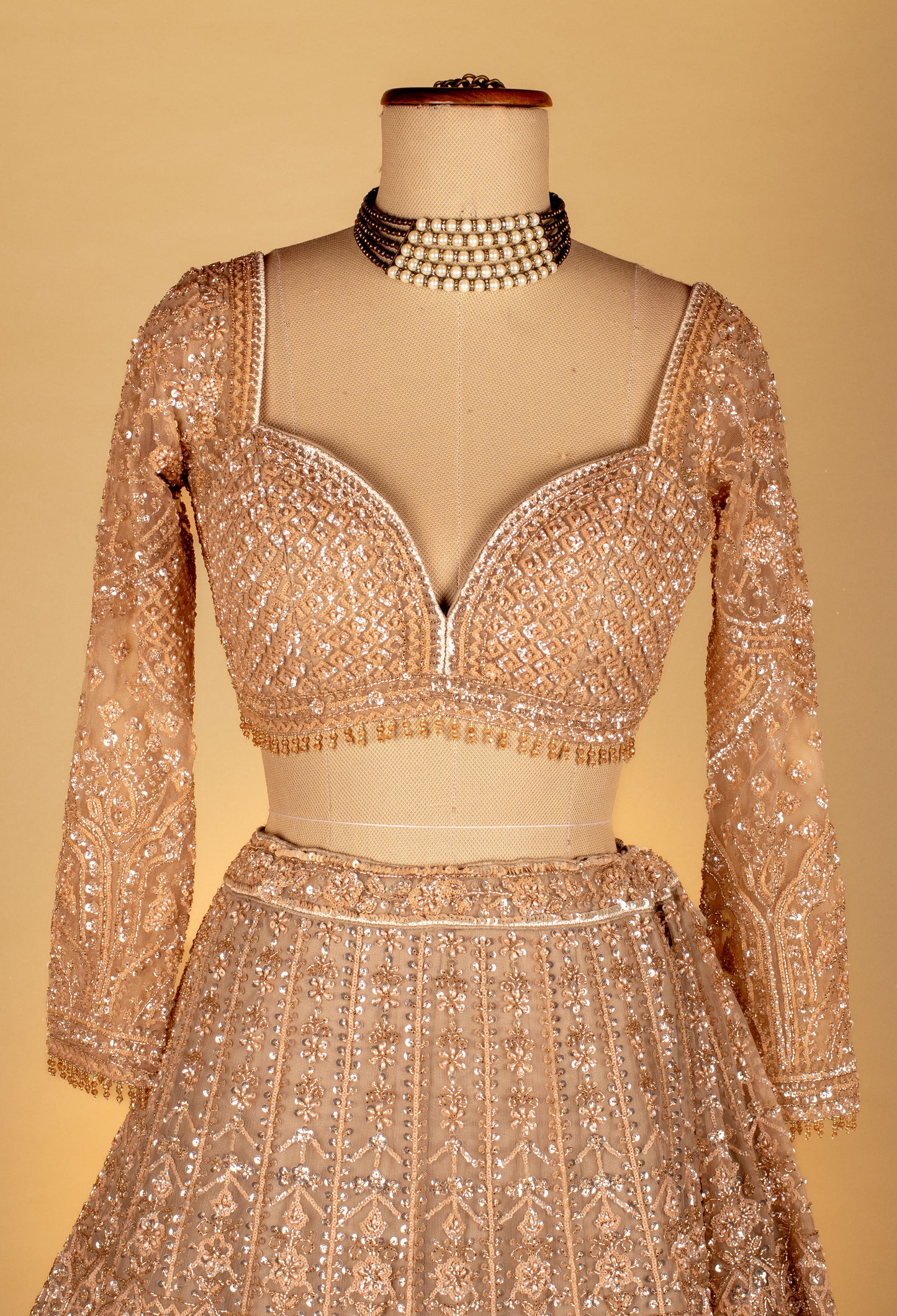 Champagne Nude Designer Lehenga Set | Heavy Sequins, Beads & Zari Embroidery | Crop Top, Flared Skirt & Dupatta