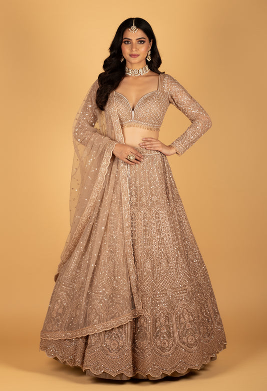 Champagne Nude Designer Lehenga Set | Heavy Sequins, Beads & Zari Embroidery | Crop Top, Flared Skirt & Dupatta