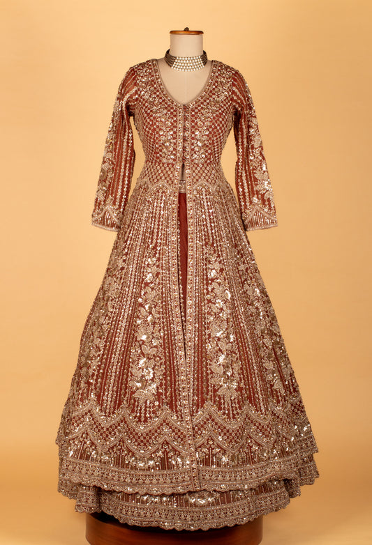 Maroon wine hand-embroidered Anarkali gown with dupatta – product image 2