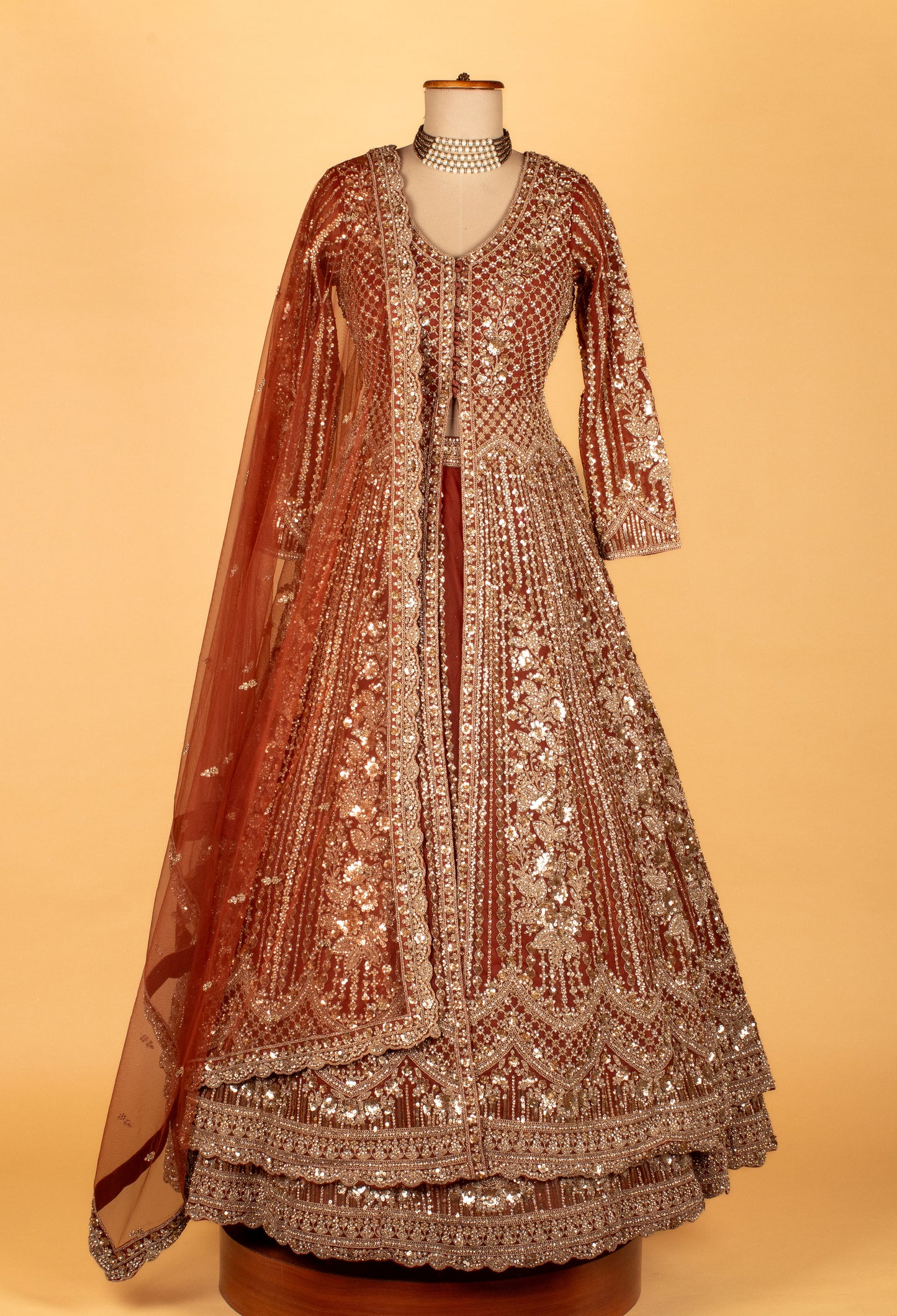 Luxury Heavy Hand-Embroidered Anarkali Gown – Maroon Wine | Sequins, Zari & Bead Work with Dupatta