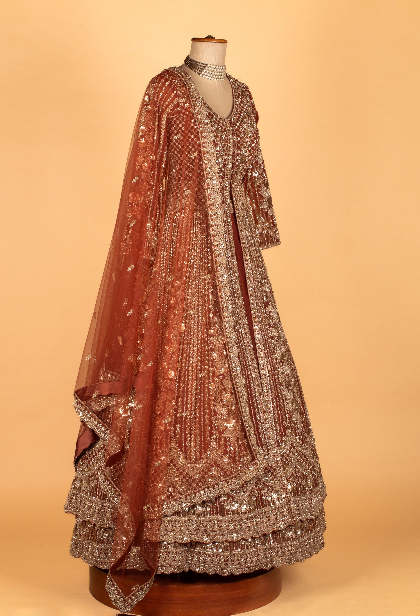 Luxury Heavy Hand-Embroidered Anarkali Gown – Maroon Wine | Sequins, Zari & Bead Work with Dupatta