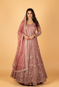 Designer Sequin & Thread Embellished Long Anarkali Gown – Dusty Rose Pink | Bridal / Occasion Wear with Dupatta