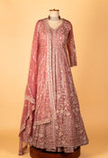 Designer Sequin & Thread Embellished Long Anarkali Gown – Dusty Rose Pink | Bridal / Occasion Wear with Dupatta