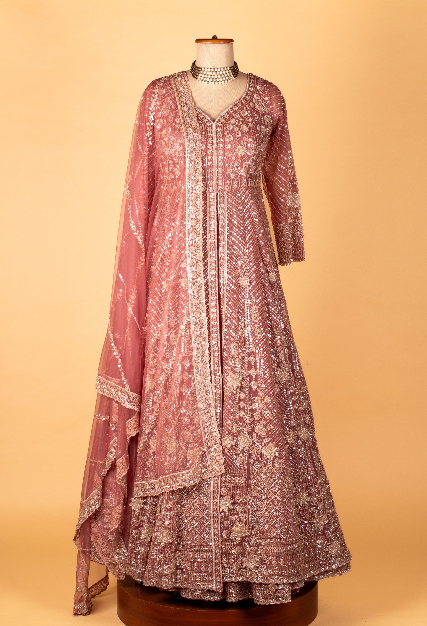 Designer Sequin & Thread Embellished Long Anarkali Gown – Dusty Rose Pink | Bridal / Occasion Wear with Dupatta