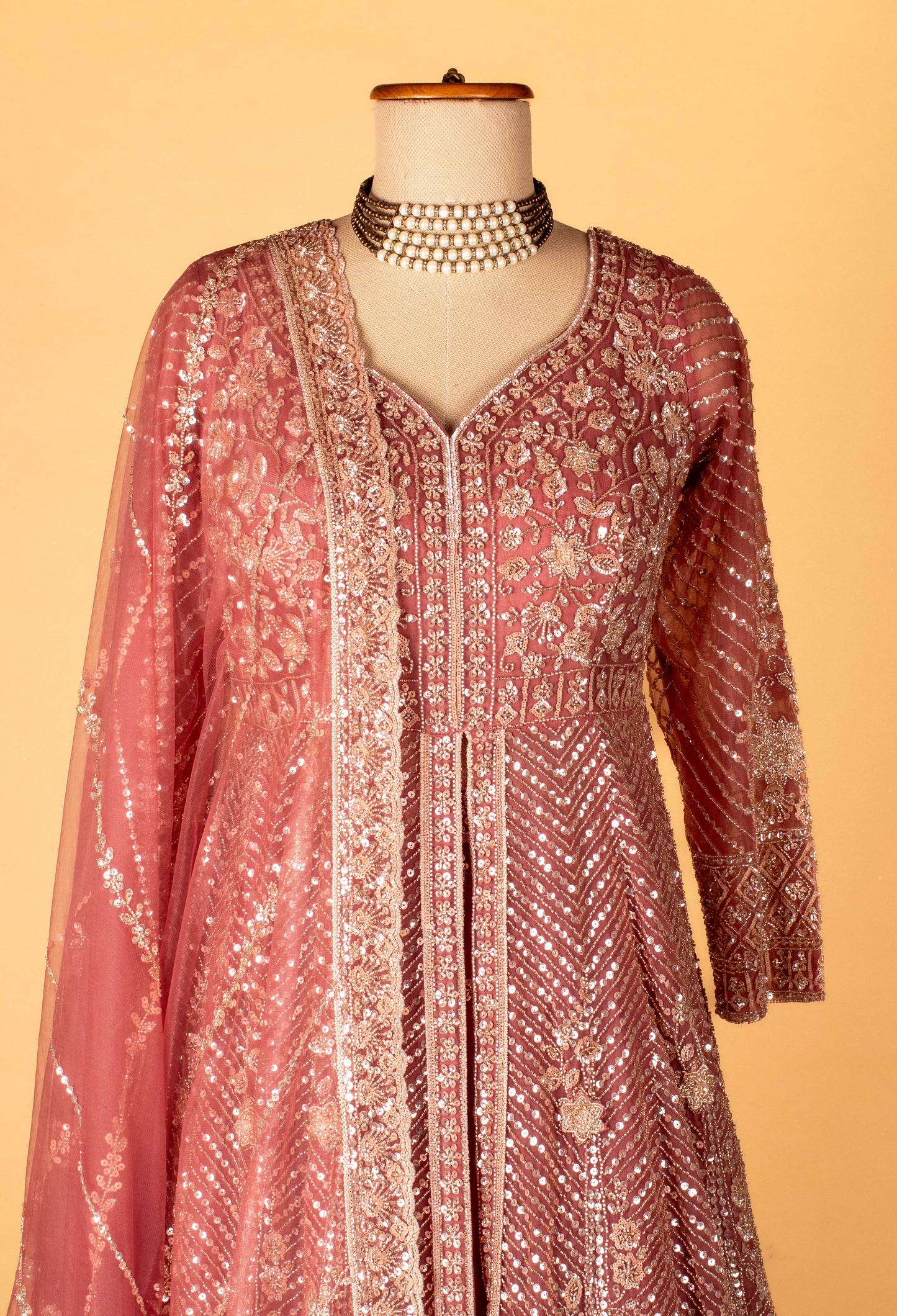 Designer Sequin & Thread Embellished Long Anarkali Gown – Dusty Rose Pink | Bridal / Occasion Wear with Dupatta