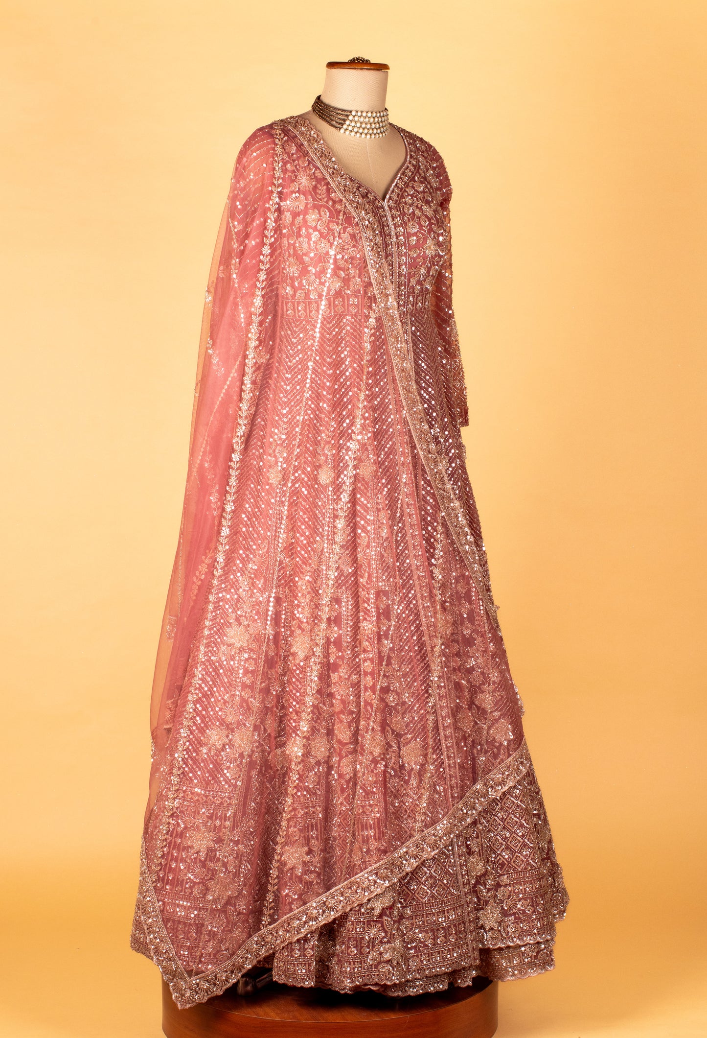 Designer Sequin & Thread Embellished Long Anarkali Gown – Dusty Rose Pink | Bridal / Occasion Wear with Dupatta