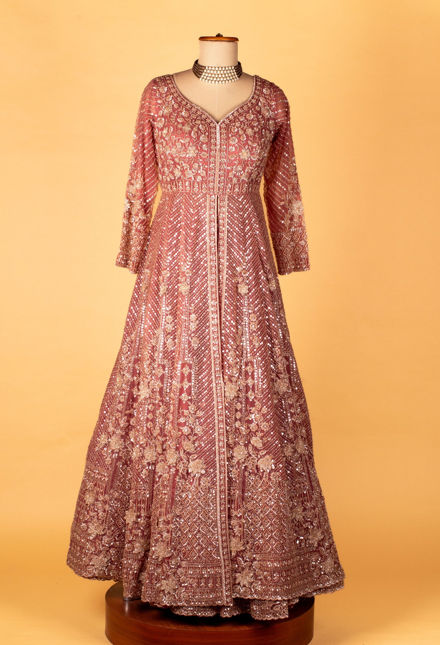 Designer Sequin & Thread Embellished Long Anarkali Gown – Dusty Rose Pink | Bridal / Occasion Wear with Dupatta