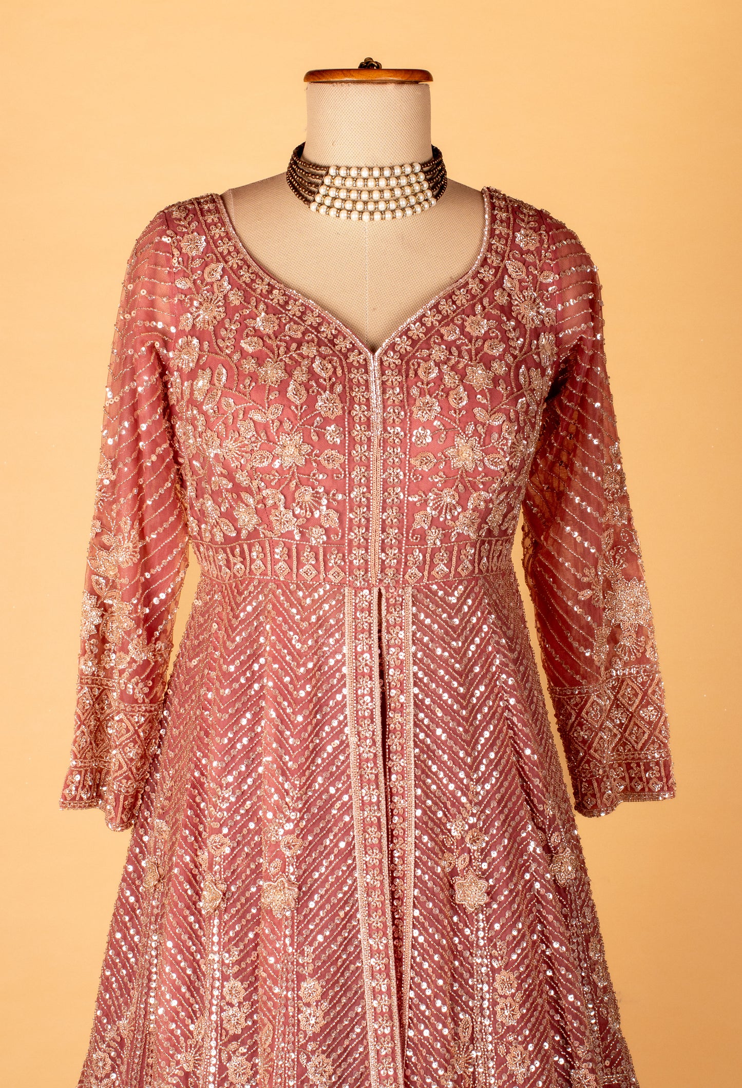 Designer Sequin & Thread Embellished Long Anarkali Gown – Dusty Rose Pink | Bridal / Occasion Wear with Dupatta