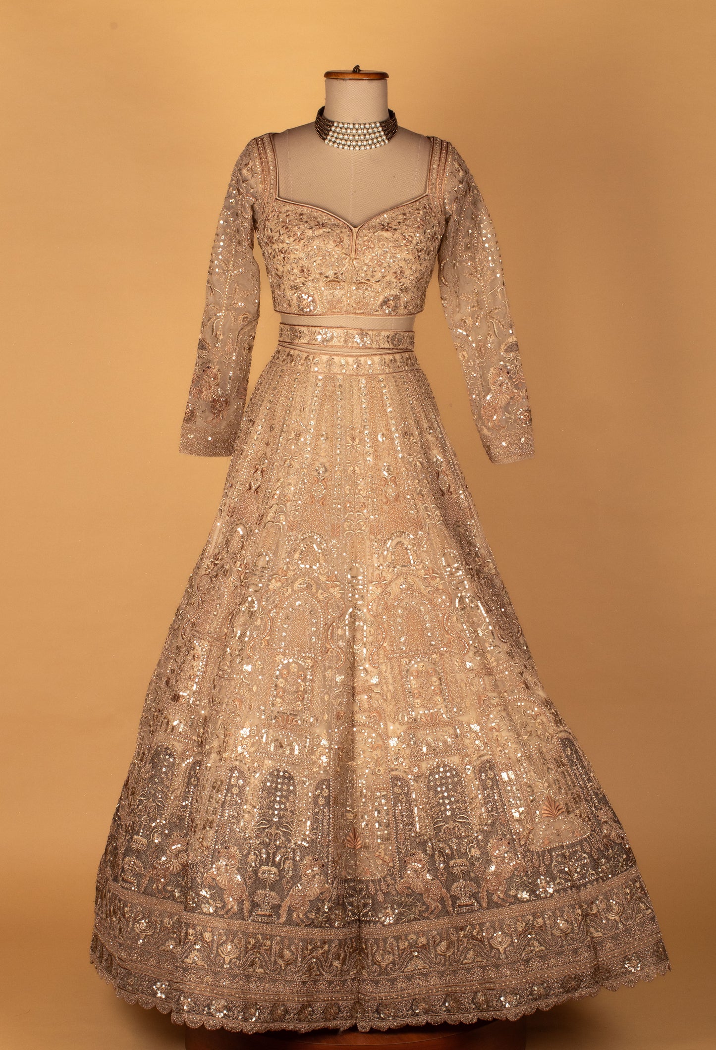 Luxury Champagne Gold Bridal Lehenga Set | Hand Embroidered with Sequins, Pearls & Zari Work | Crop Top, Flared Lehenga & Dupatta