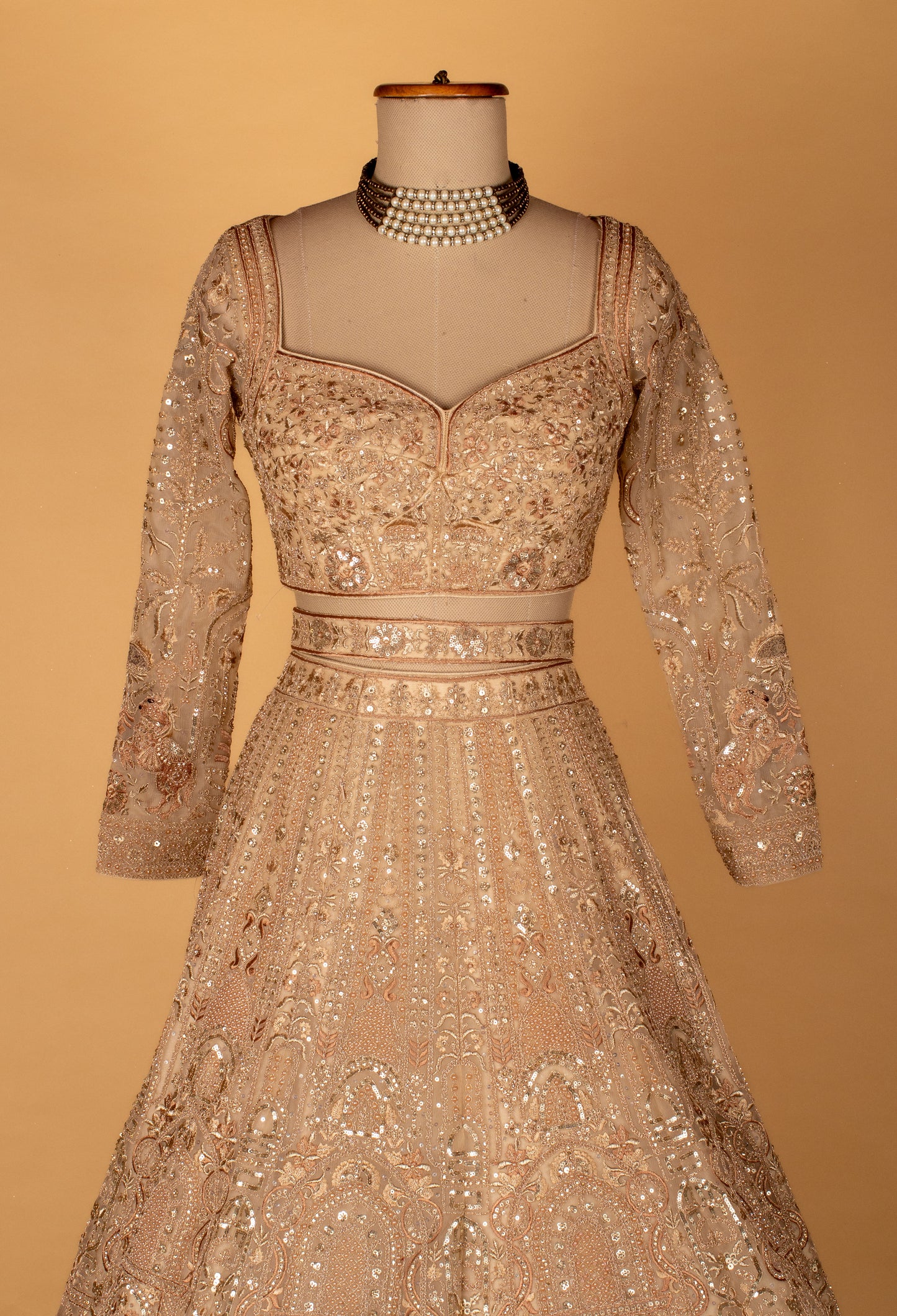 Luxury Champagne Gold Bridal Lehenga Set | Hand Embroidered with Sequins, Pearls & Zari Work | Crop Top, Flared Lehenga & Dupatta